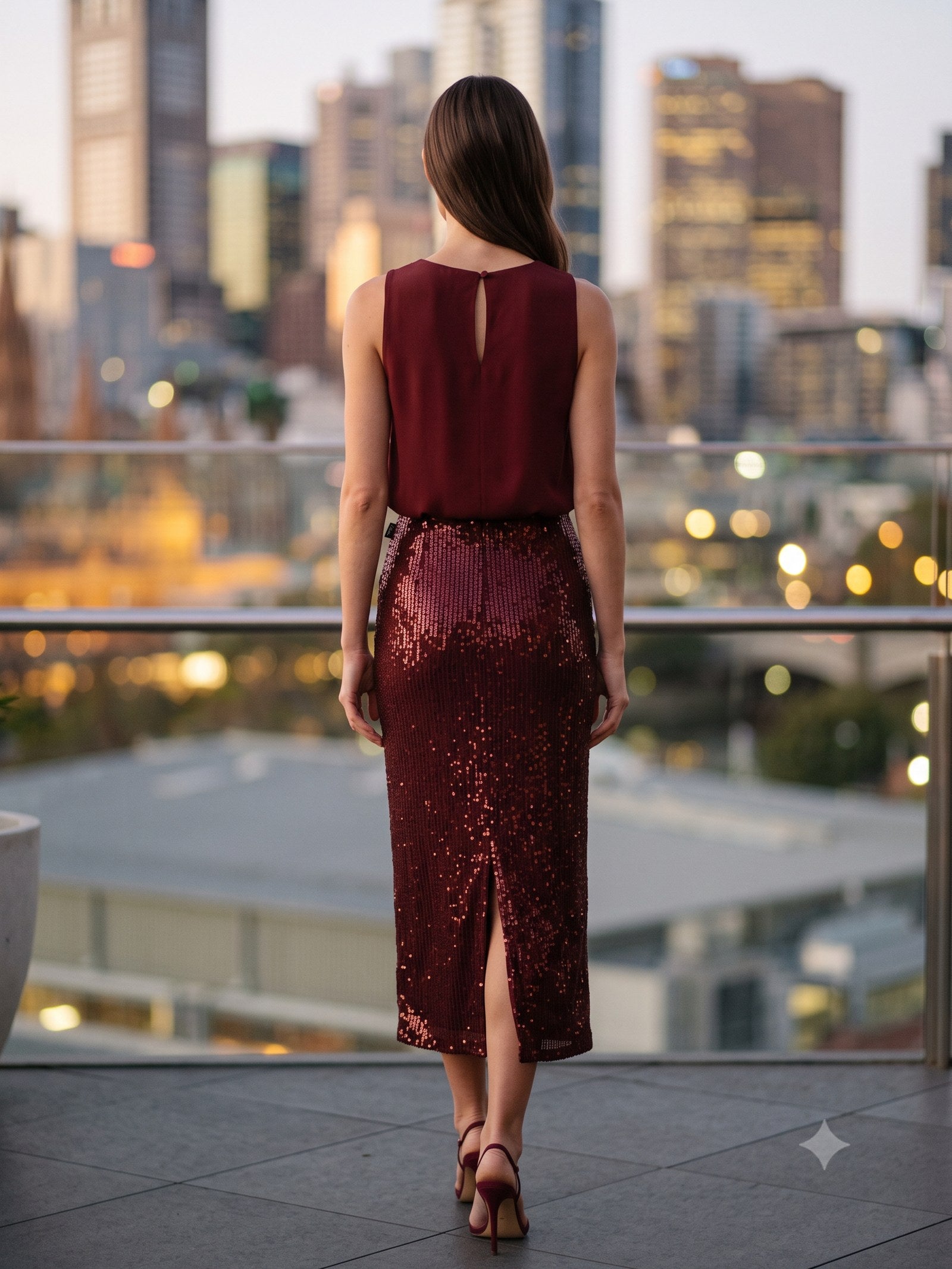 Flint Sequin Midi Skirt in Garnet, back