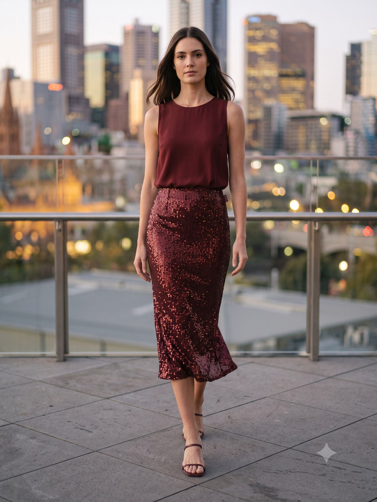 Flint Sequin Midi Skirt in Garnet, in motion