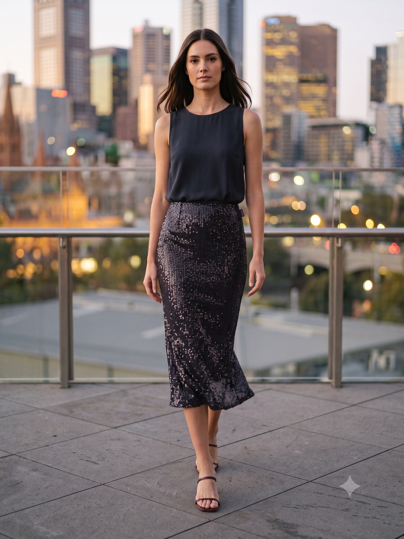 Flint Sequin Midi Skirt in Ink, front
