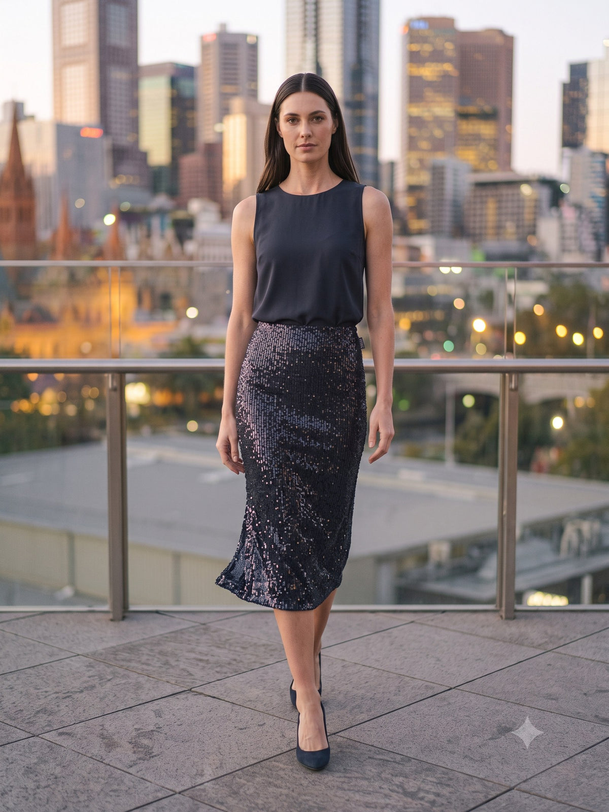 Flint Sequin Midi Skirt in Ink, in motion