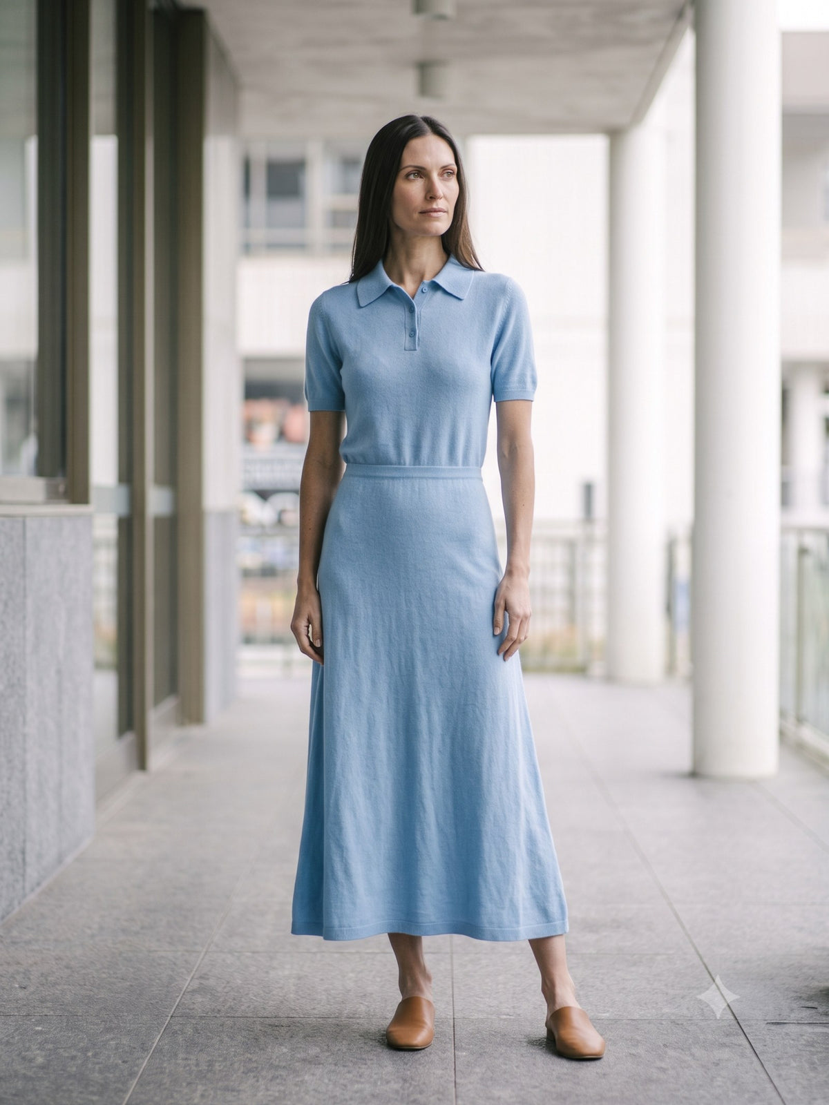 Form Cashmere-Silk Polo Knit in Sky, front