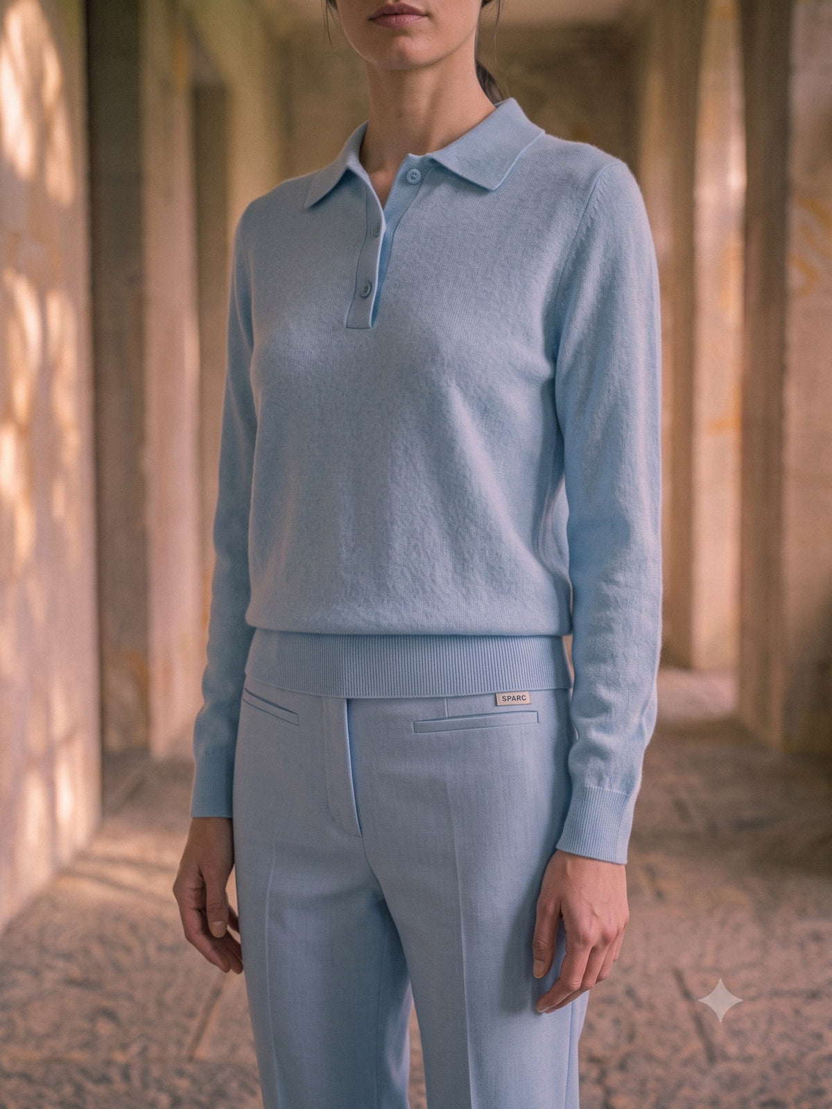 Form Cashmere-Silk Polo Knit in Sky, detail