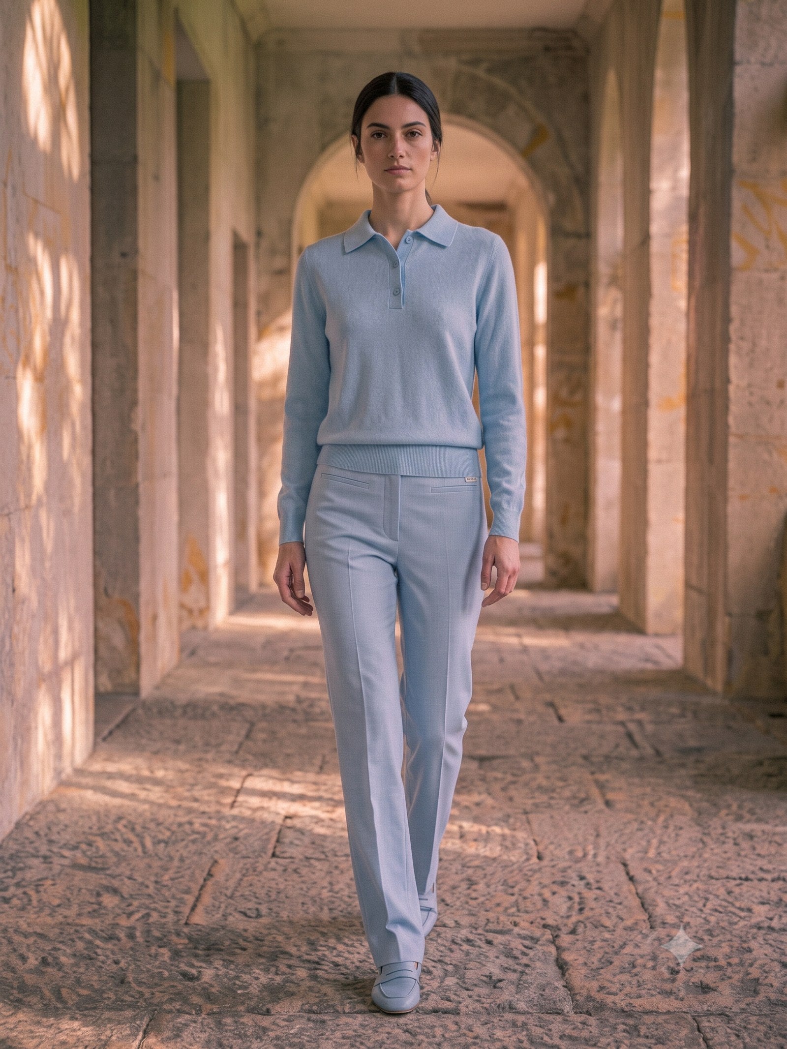 Form Cashmere-Silk Polo Knit in Sky, in motion