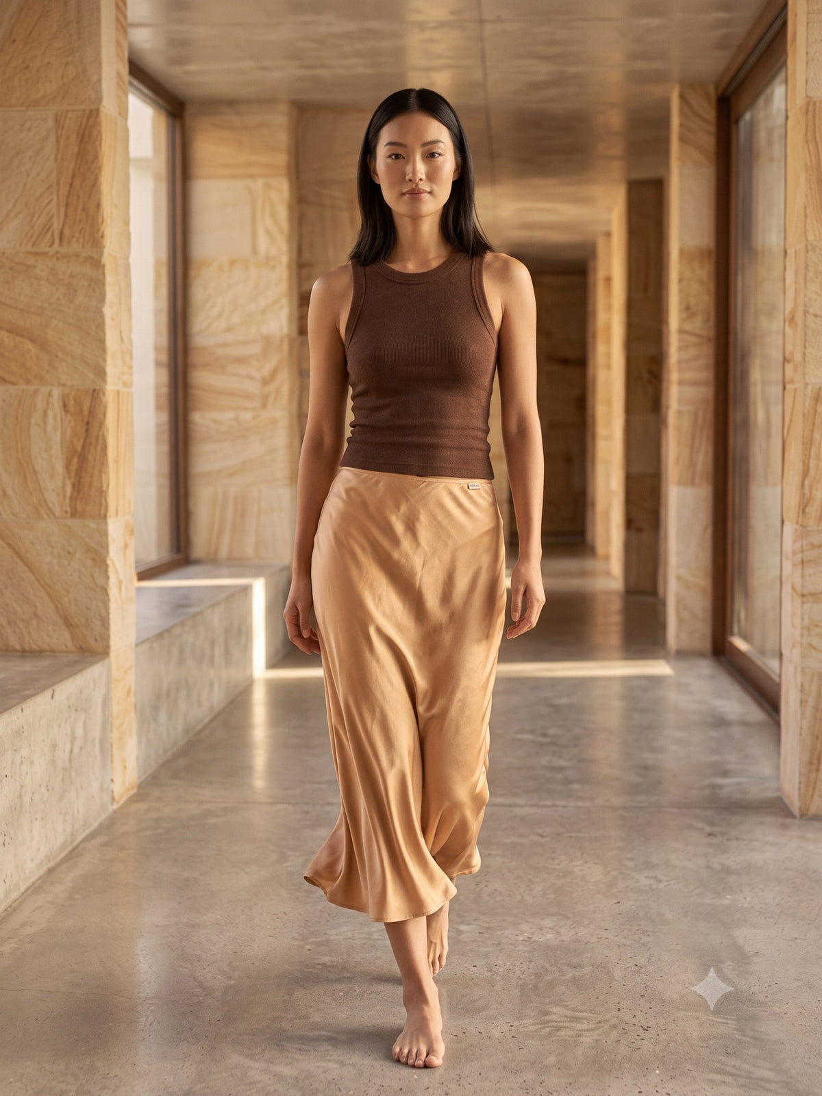 Glint Bias Silk Skirt in Champagne, in motion