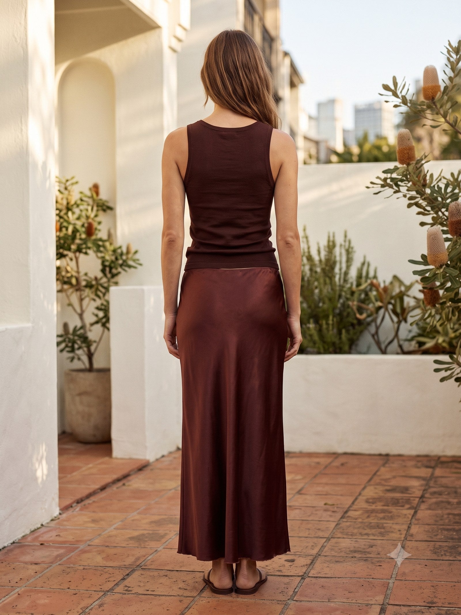 Glint Bias Silk Skirt in Chocolate, back