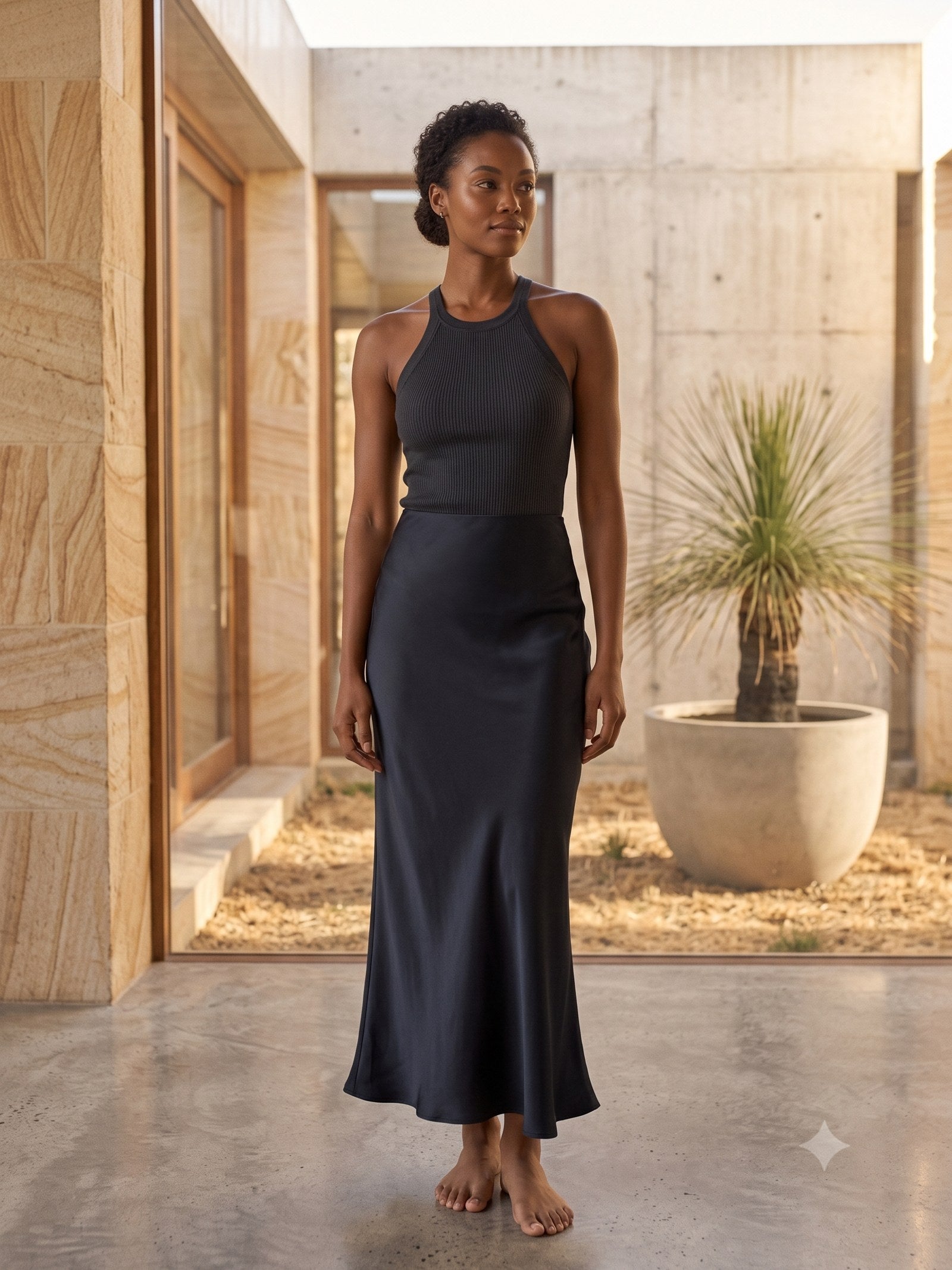Glint Bias Silk Skirt in Ink, front