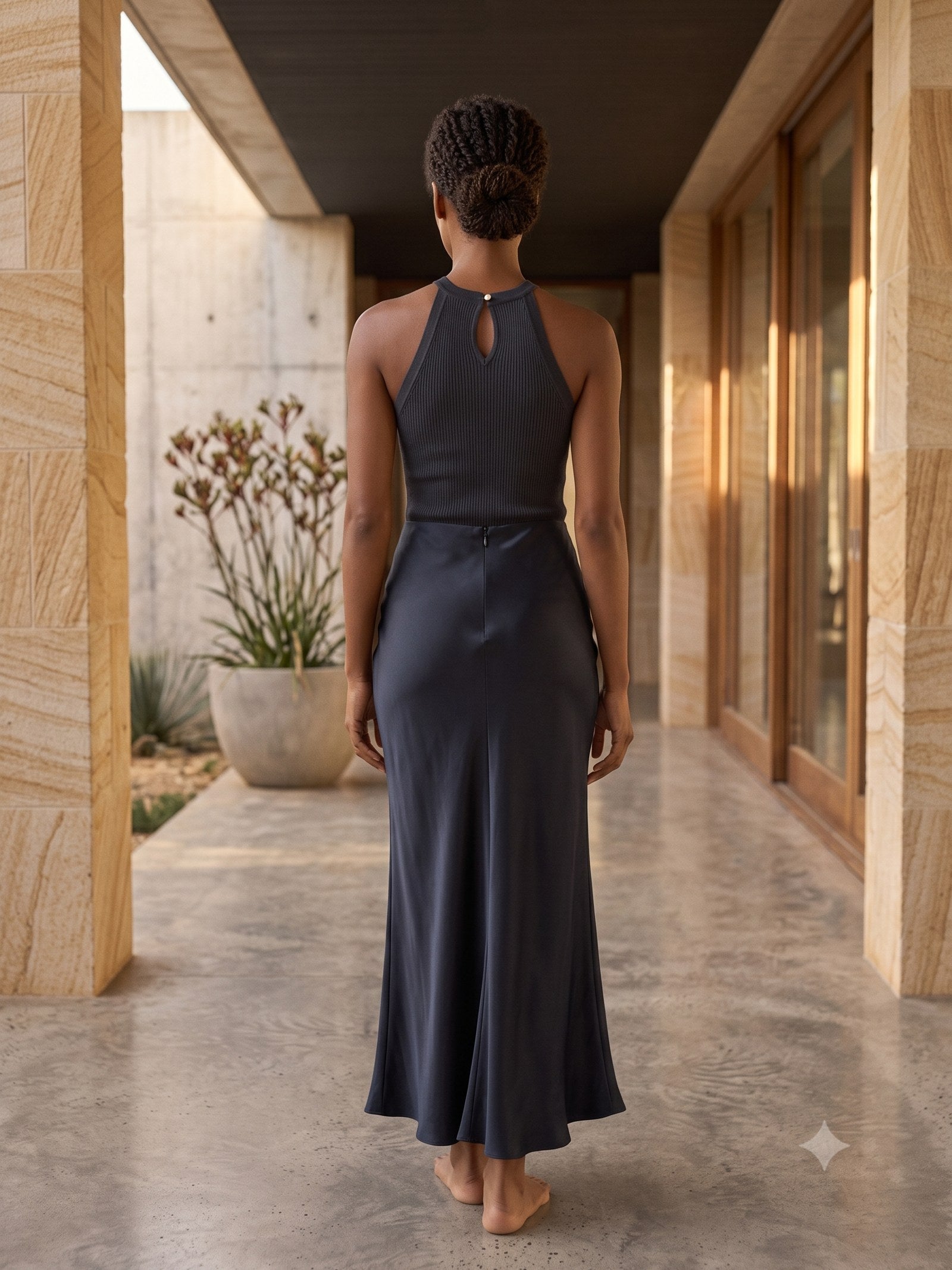 Glint Bias Silk Skirt in Ink, back