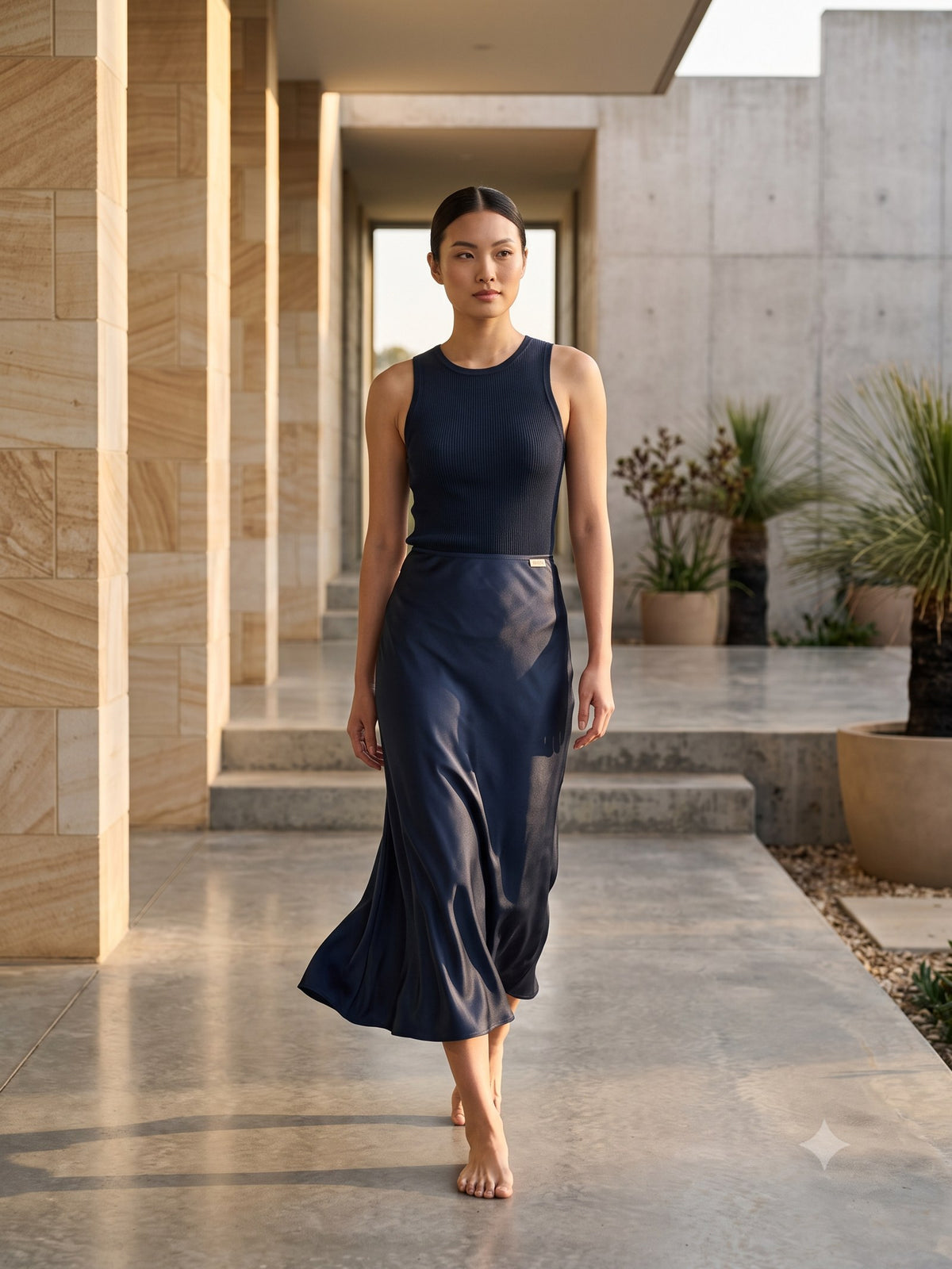 Glint Bias Silk Skirt in Ink, in motion