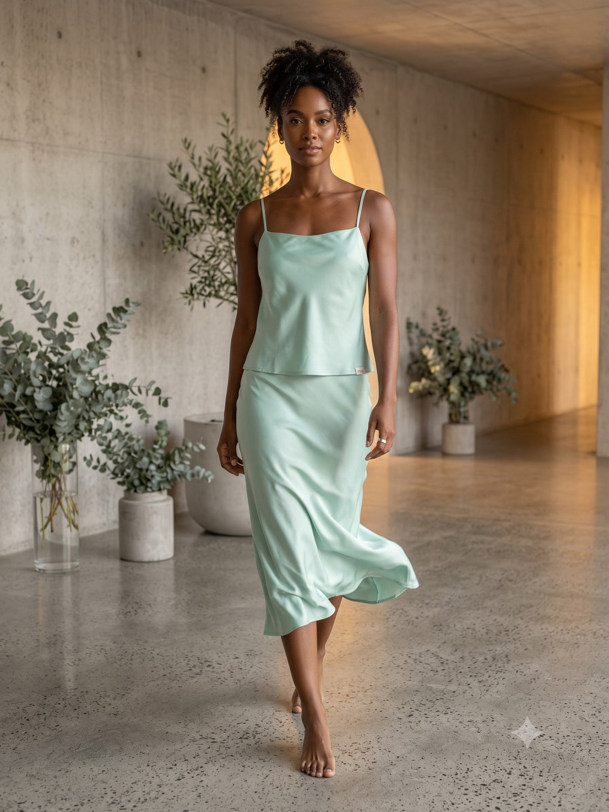 Glow Cami and Skirt Set in Seafoam, in motion