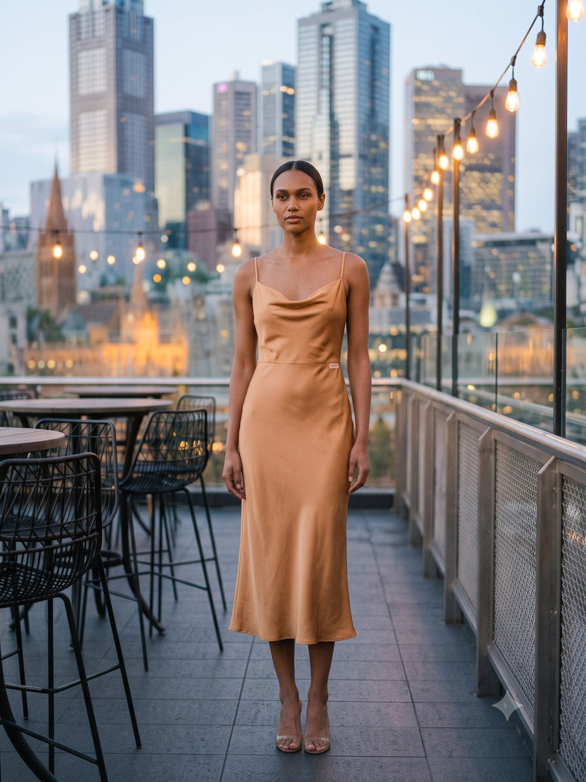 Halcyon Silk Slip in Champagne, front
