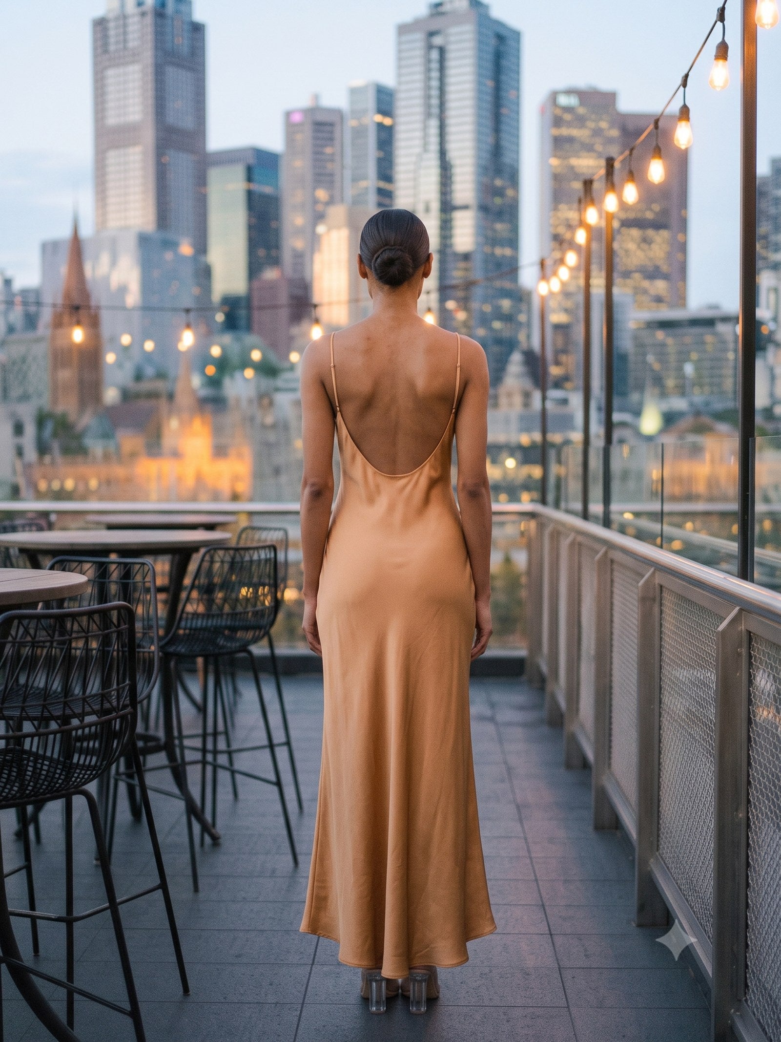Halcyon Silk Slip in Champagne, back