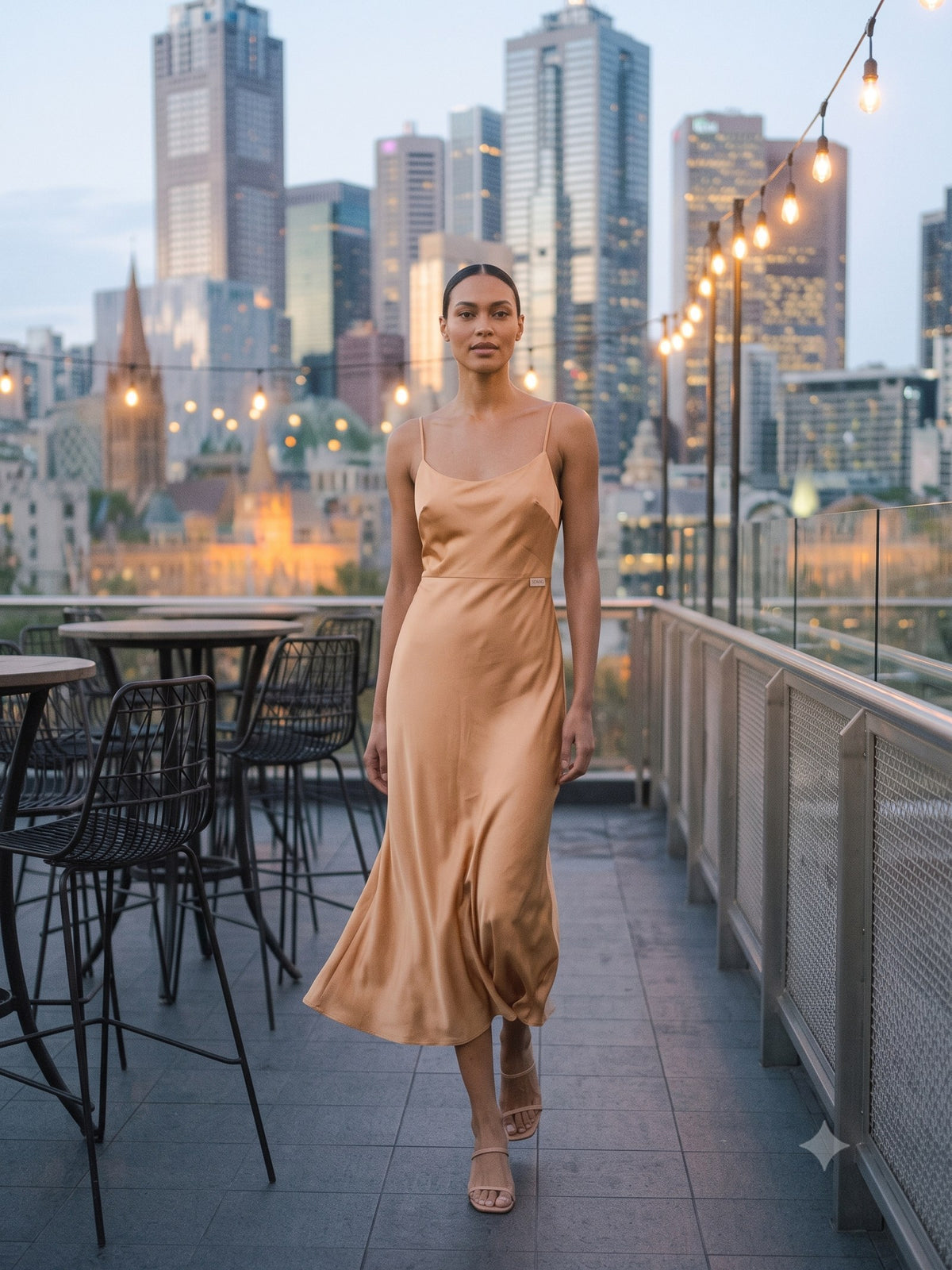 Halcyon Silk Slip in Champagne, in motion