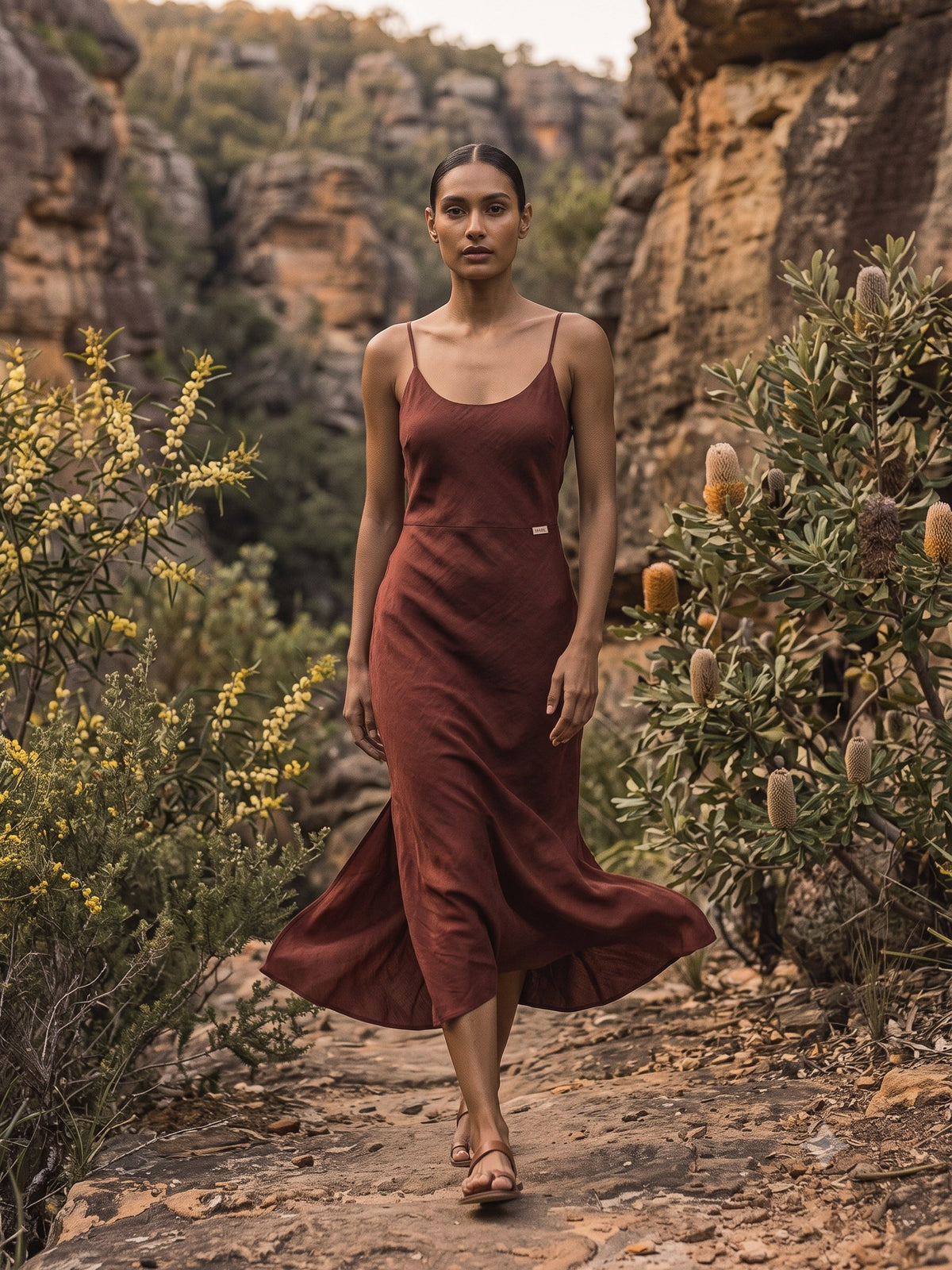 Halcyon Silk Slip in Chocolate, in motion