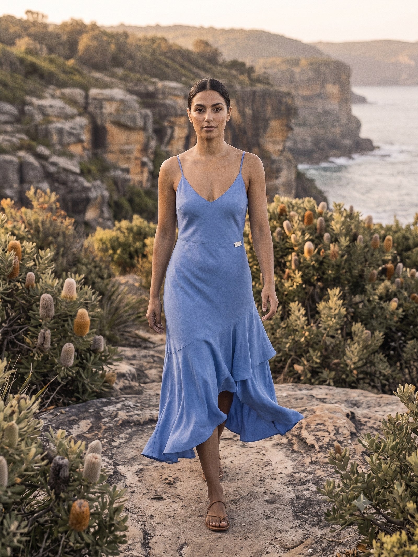 Halcyon Silk Slip in Cornflower, in motion