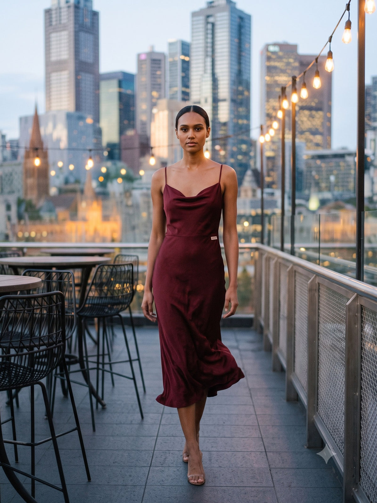 Halcyon Silk Slip in Garnet, in motion