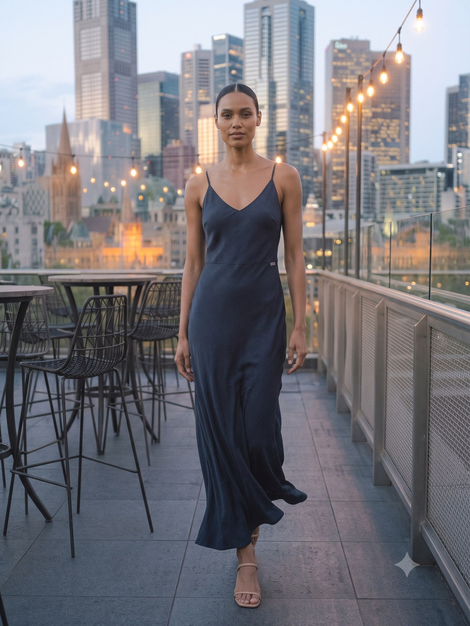 Halcyon Silk Slip in Ink, in motion