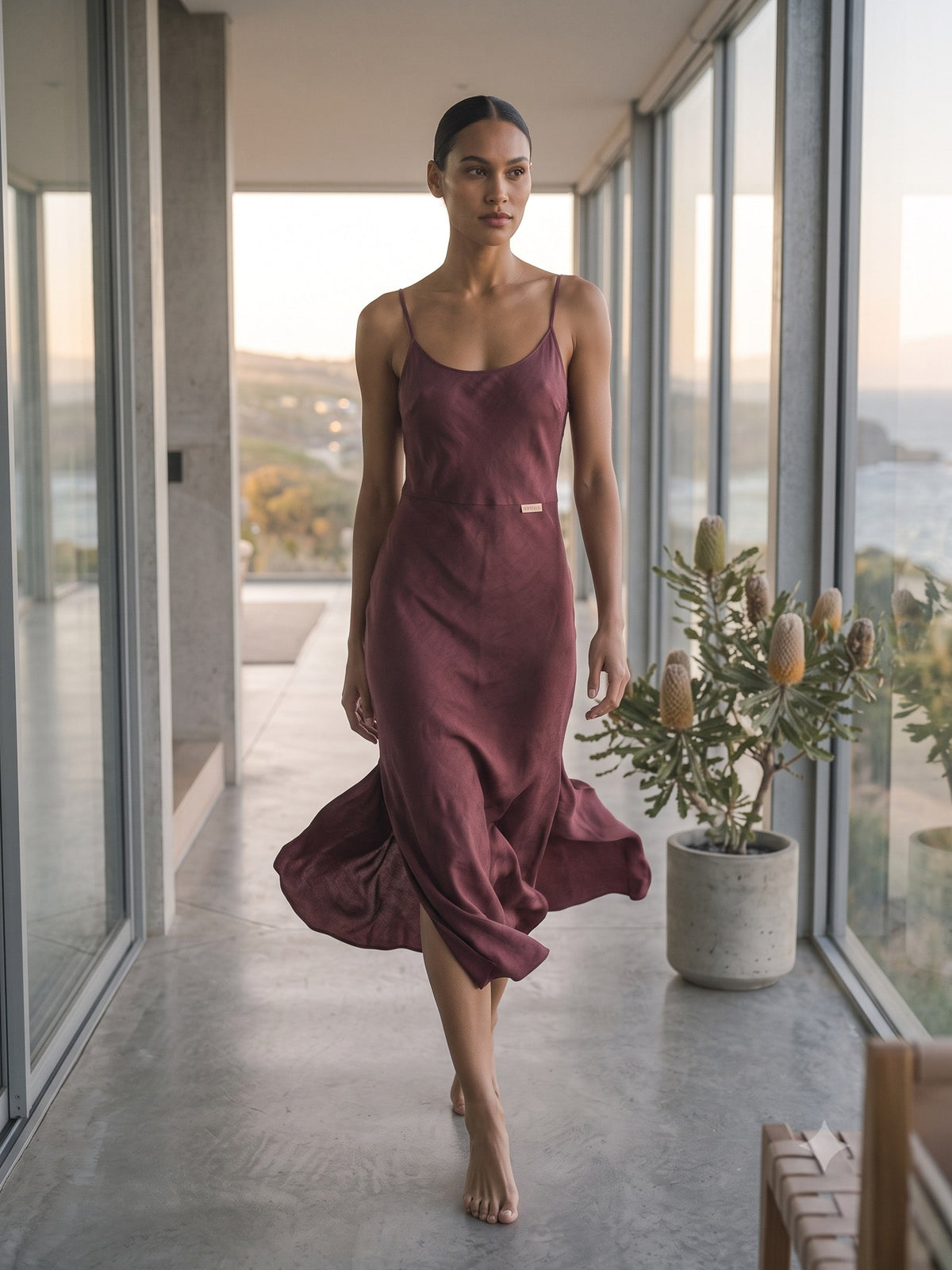 Halcyon Silk Slip in Mulberry, in motion