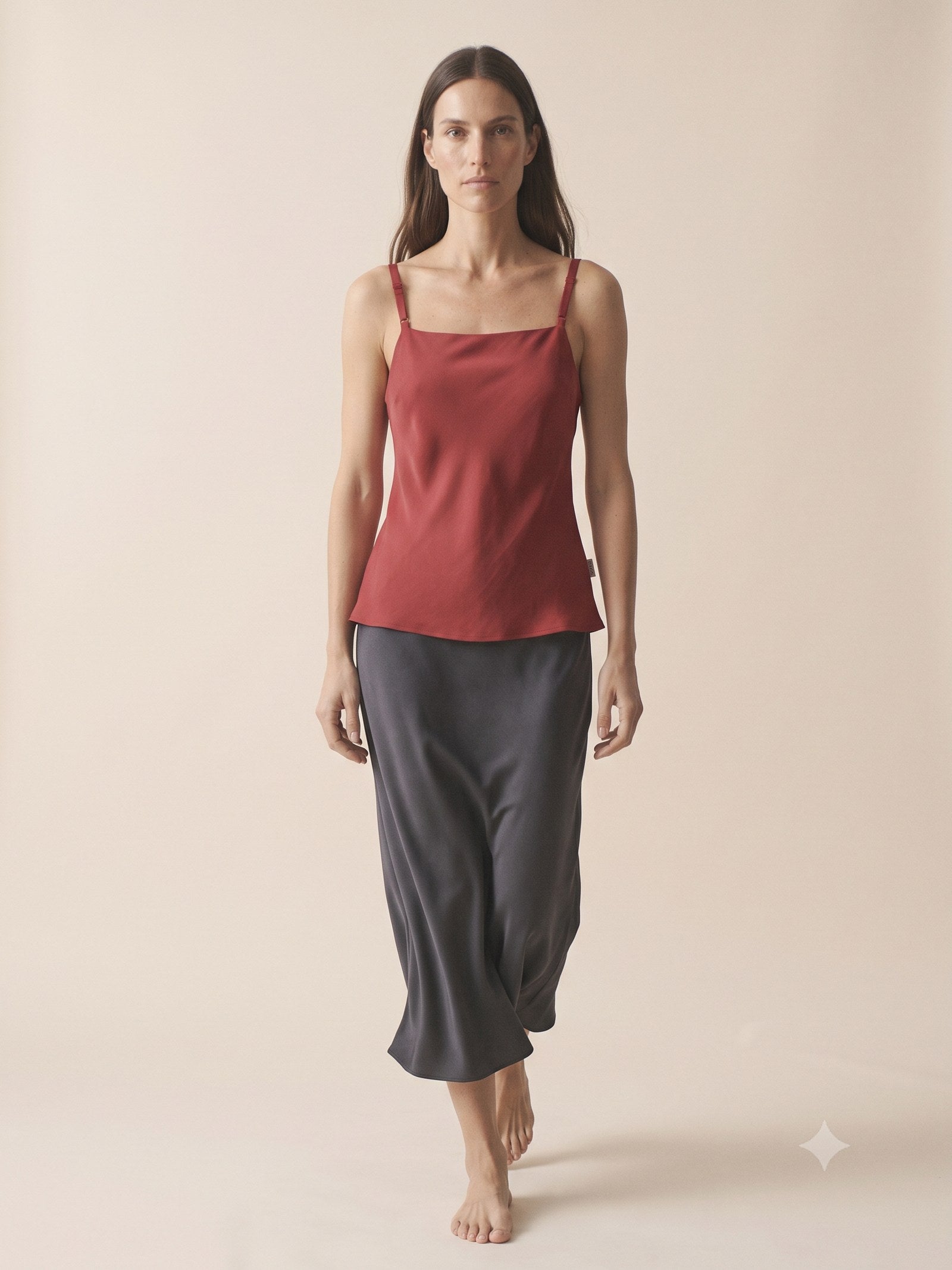 Halo Bias Silk Camisole in Cherry Lacquer, in motion