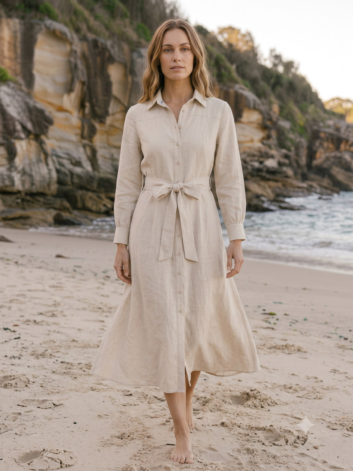 Harbour Linen Shirt Dress in Bone, in motion