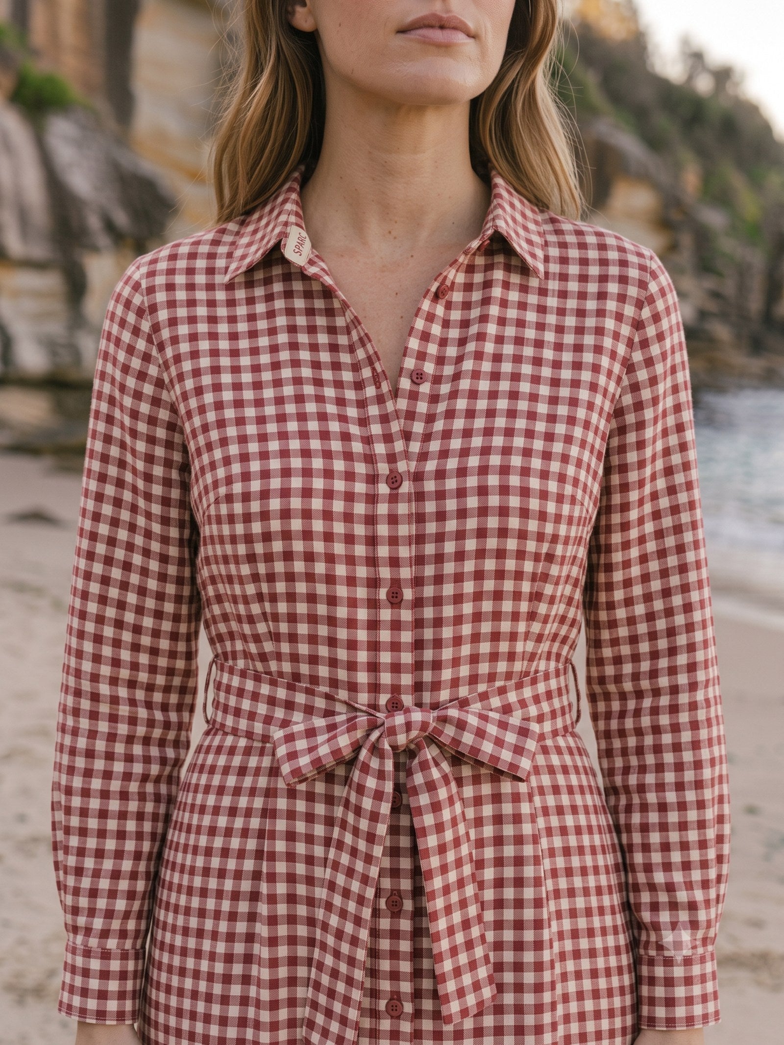 Harbour Linen Shirt Dress in Cherry Gingham, detail
