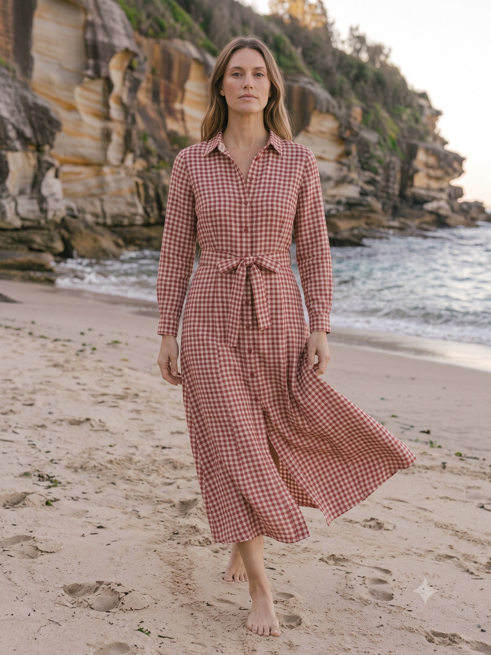Harbour Linen Shirt Dress in Cherry Gingham, in motion