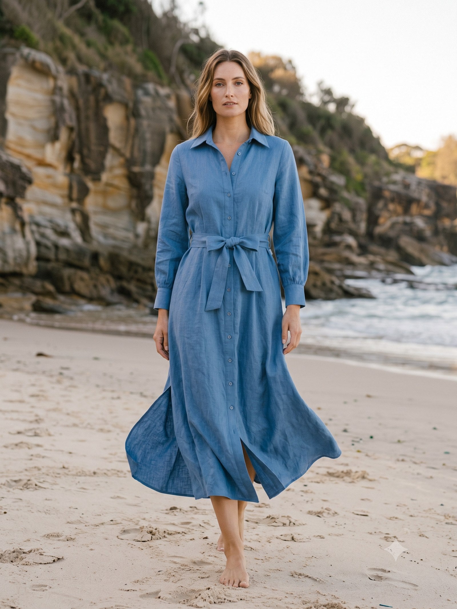 Harbour Linen Shirt Dress in Pacific Blue, in motion