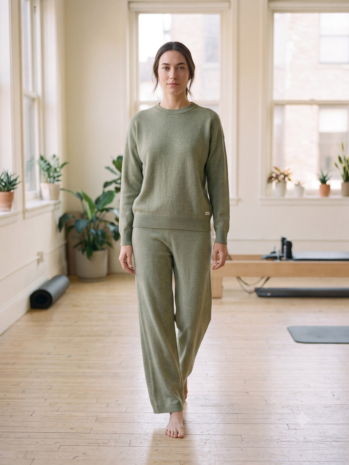 Idle Cashmere-Blend Lounge Set in Sage Marl, front