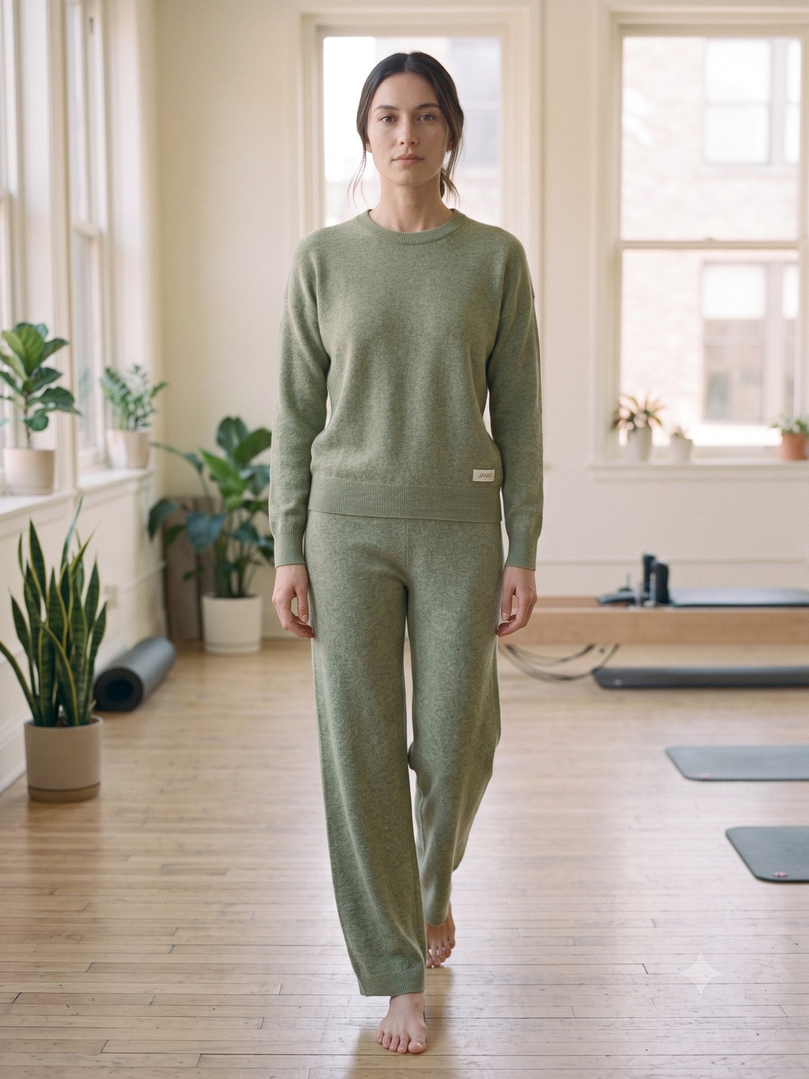 Idle Cashmere-Blend Lounge Set in Sage Marl, in motion