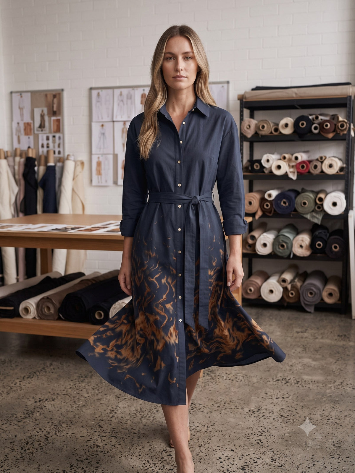 Ignis Print Cotton Shirt Dress in Ignis Ink, front