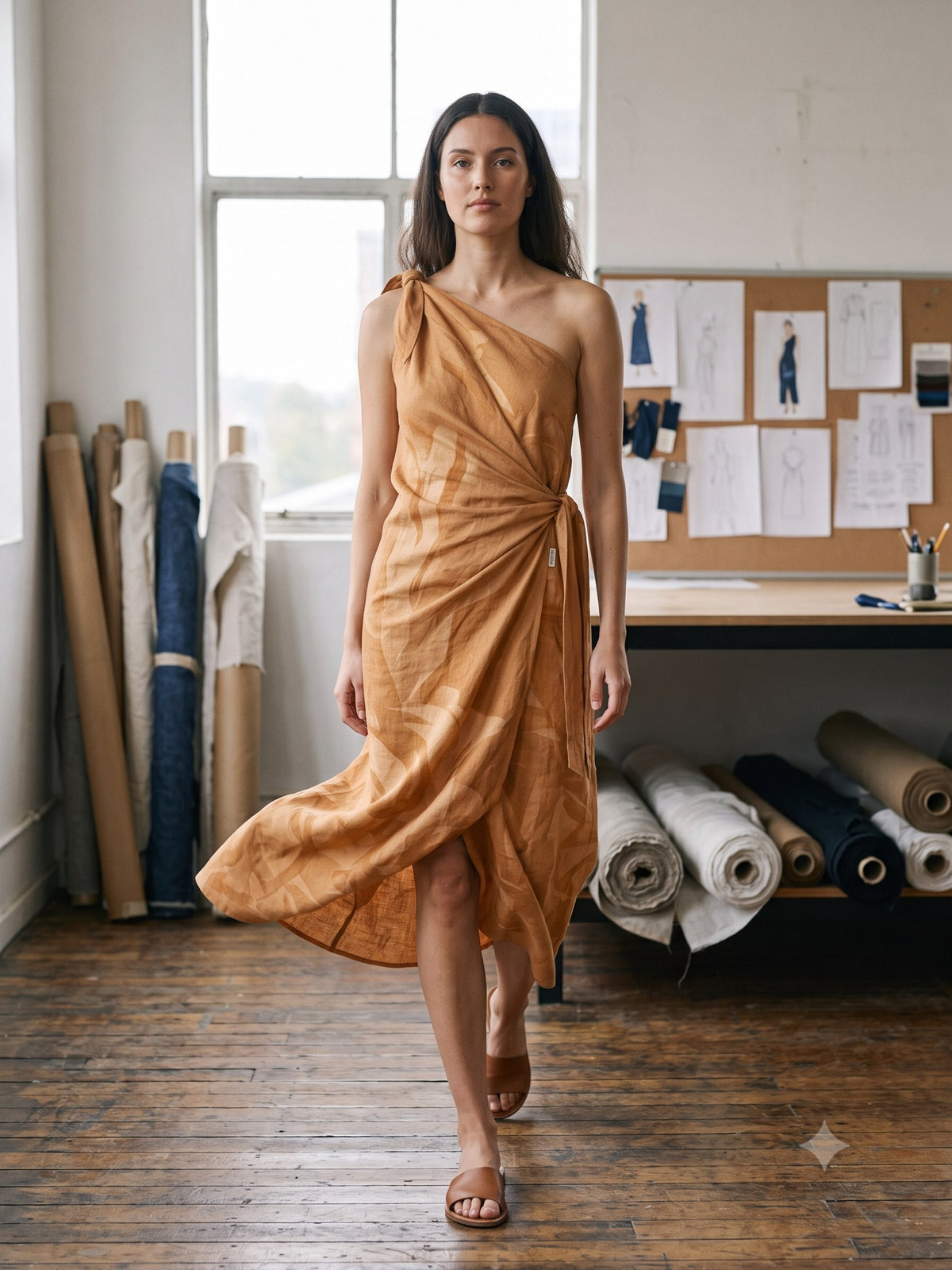 Ignis Print Linen Sarong Dress in Ignis Butter, front