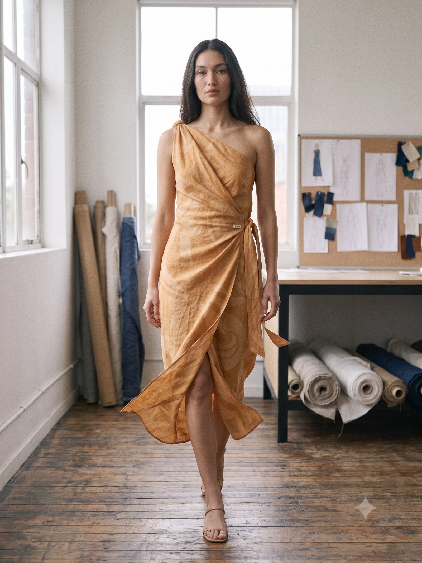 Ignis Print Linen Sarong Dress in Ignis Butter, in motion