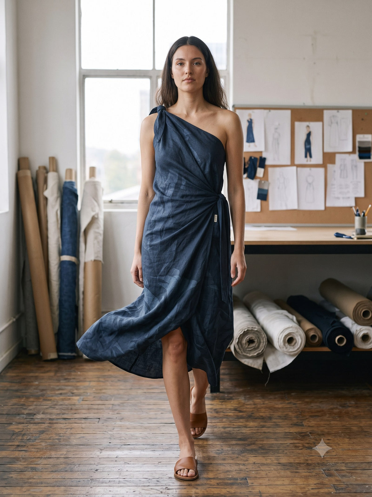 Ignis Print Linen Sarong Dress in Ignis Ink, in motion