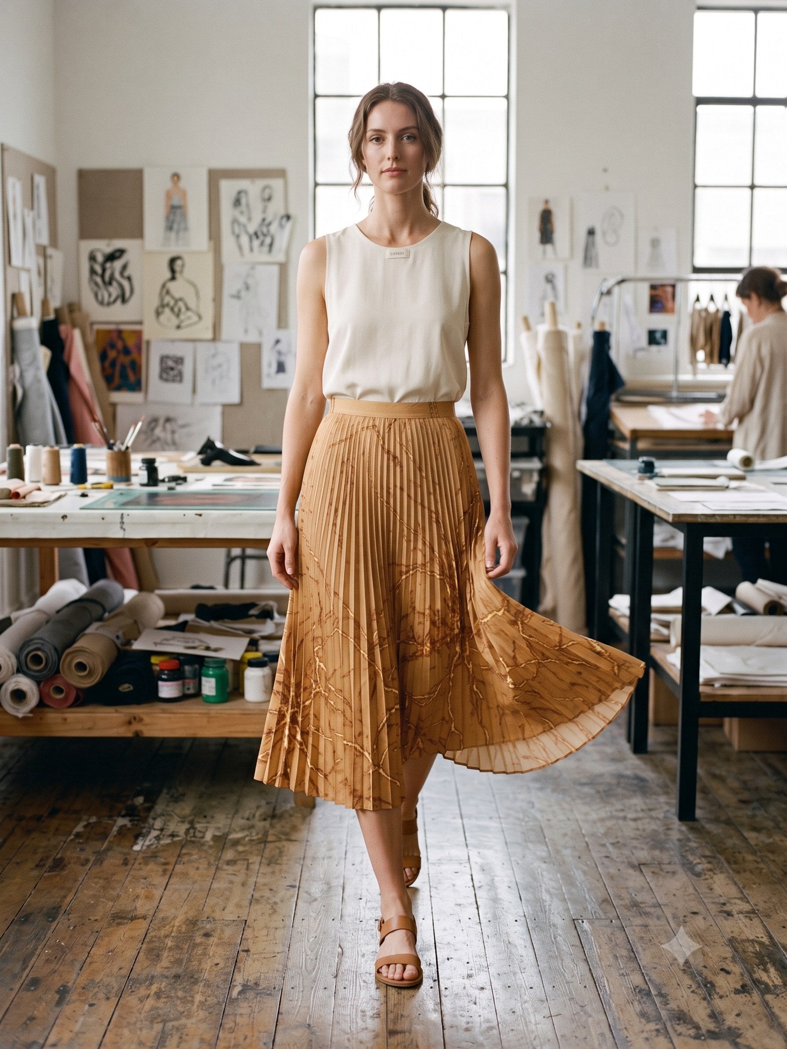 Ignis Print Pleated Midi Skirt in Ignis Butter, front