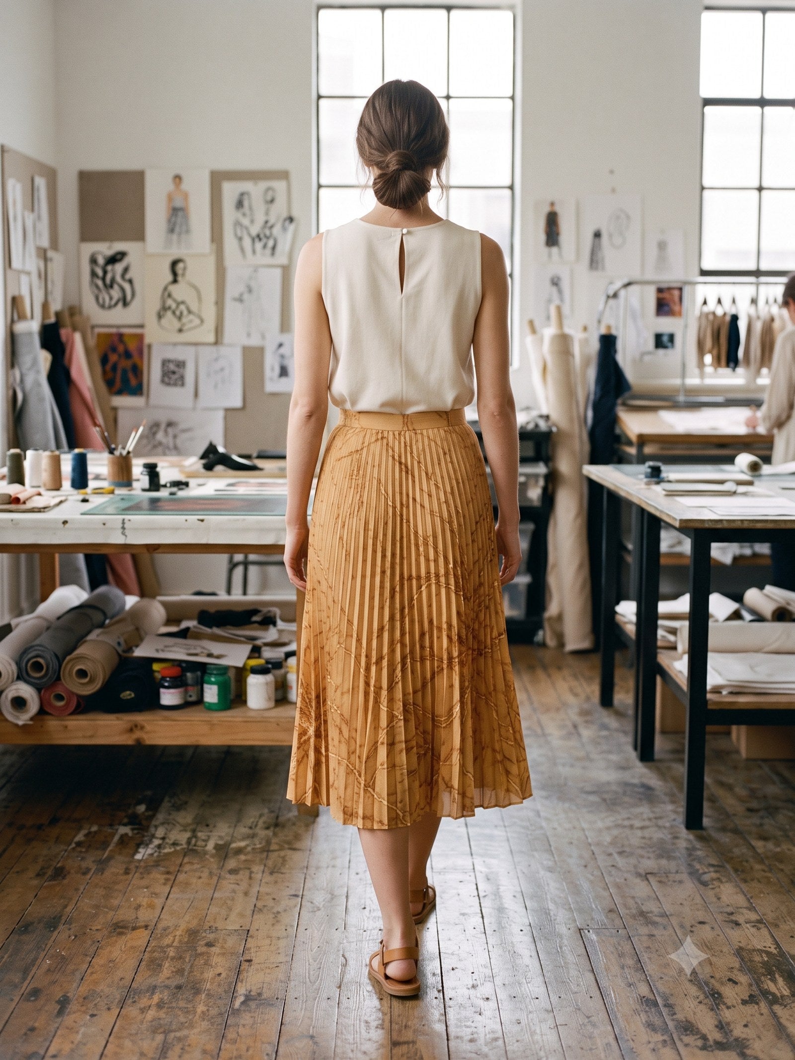 Ignis Print Pleated Midi Skirt in Ignis Butter, back