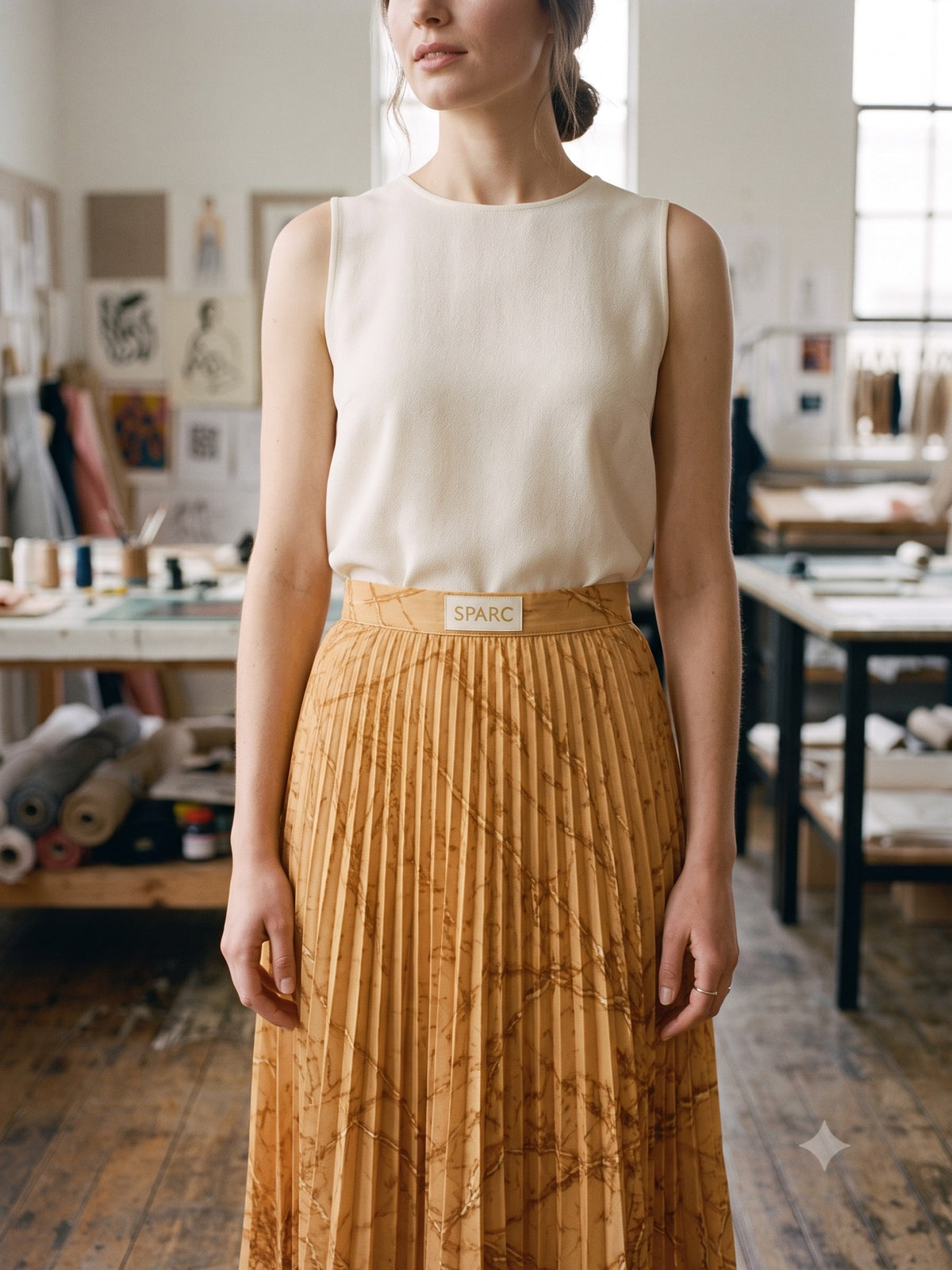 Ignis Print Pleated Midi Skirt in Ignis Butter, detail