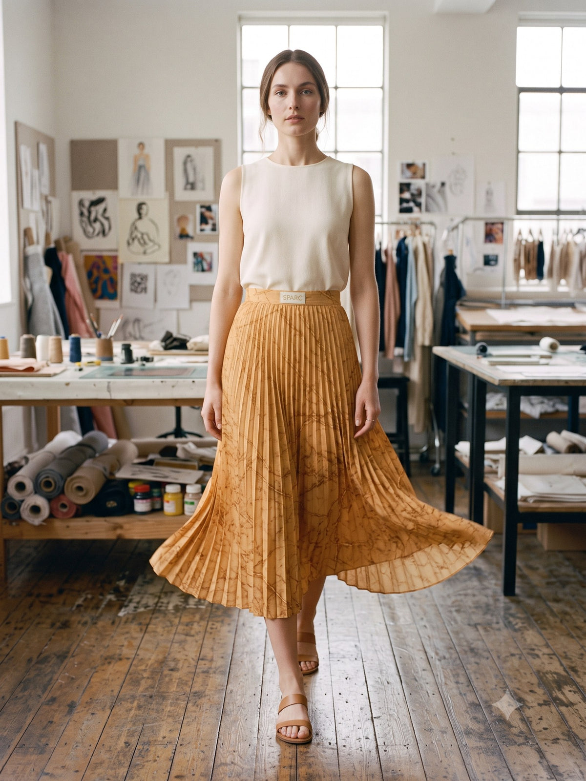 Ignis Print Pleated Midi Skirt in Ignis Butter, in motion