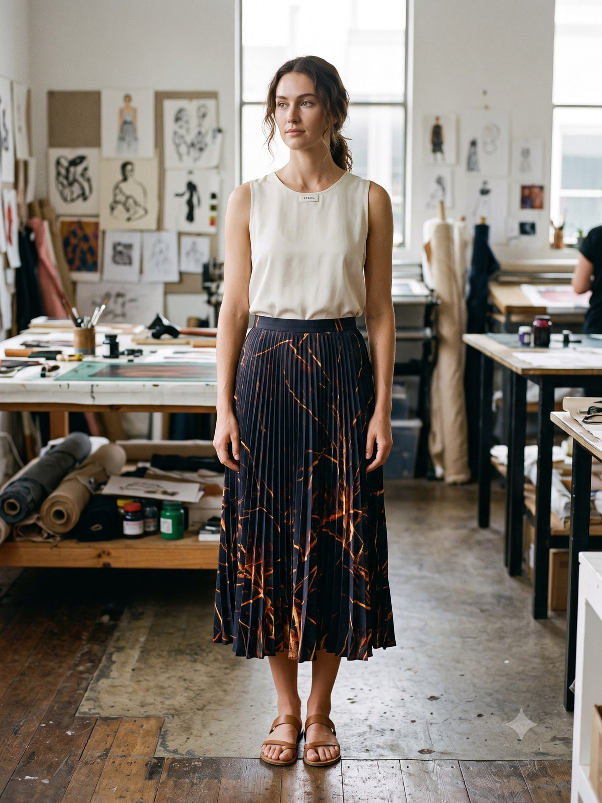 Ignis Print Pleated Midi Skirt in Ignis Ink, front