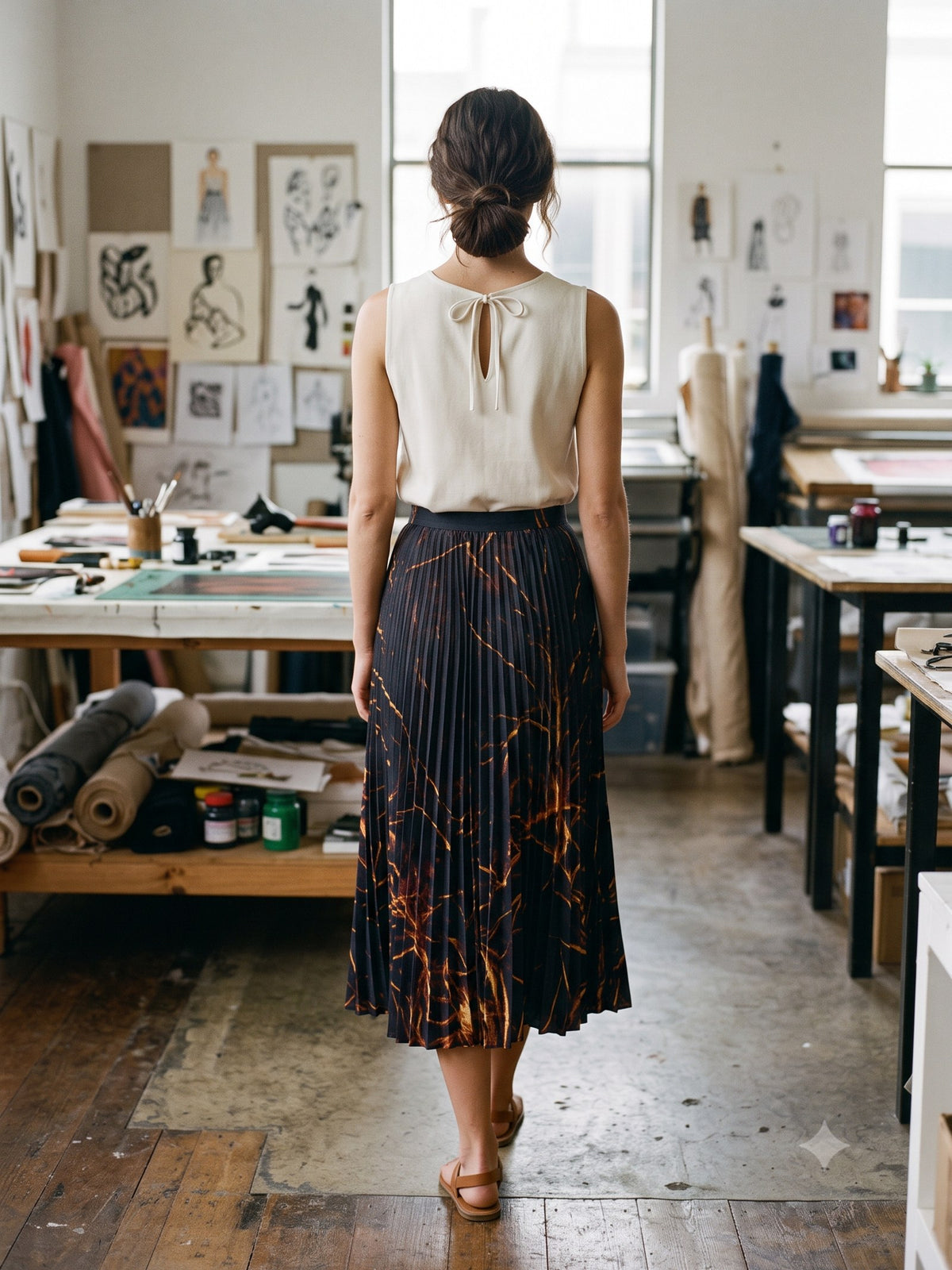 Ignis Print Pleated Midi Skirt in Ignis Ink, back