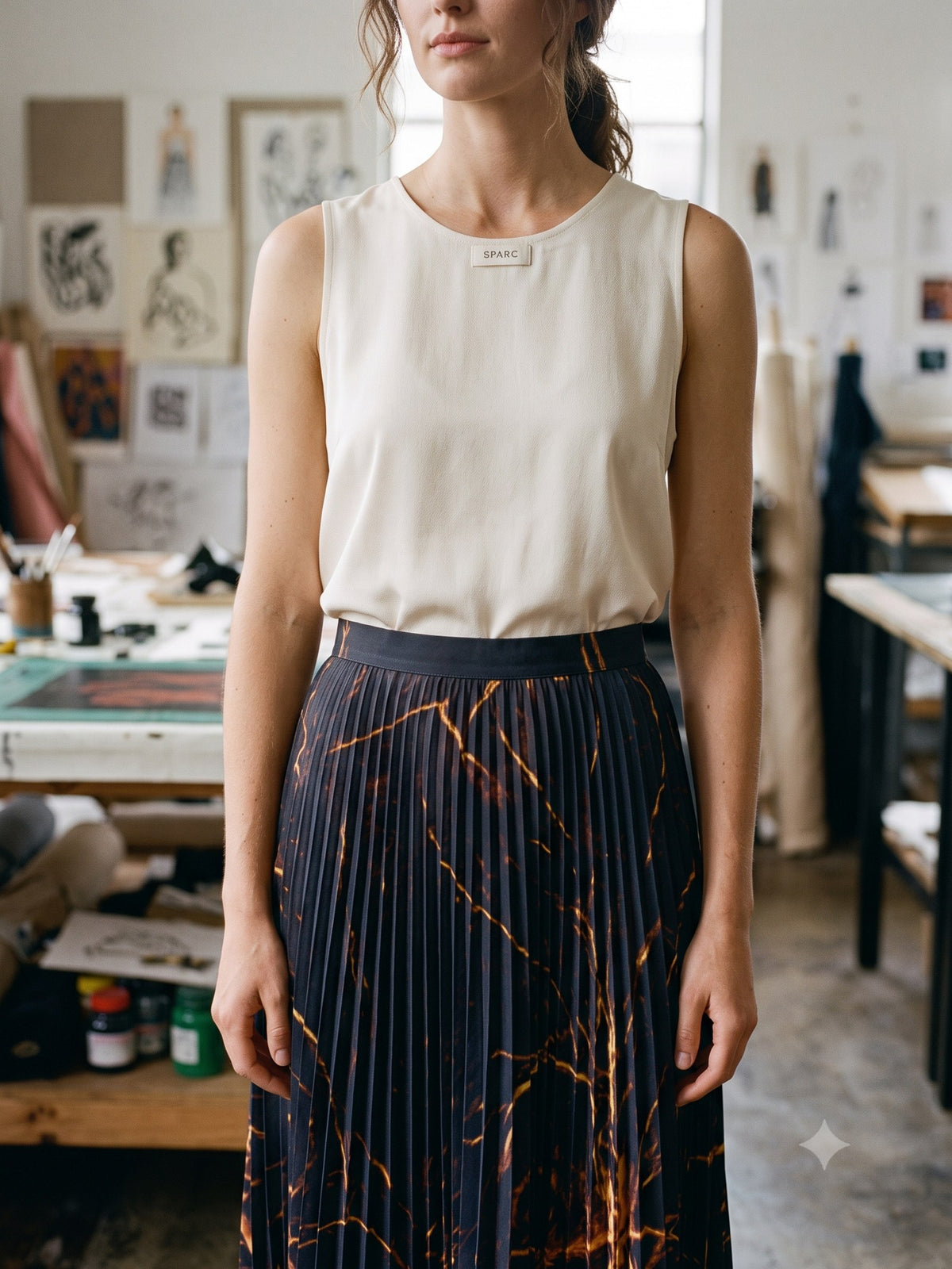 Ignis Print Pleated Midi Skirt in Ignis Ink, detail