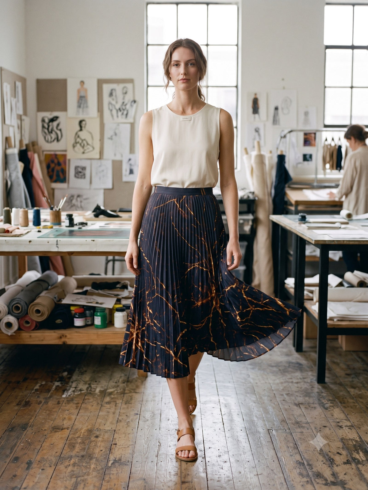 Ignis Print Pleated Midi Skirt in Ignis Ink, in motion