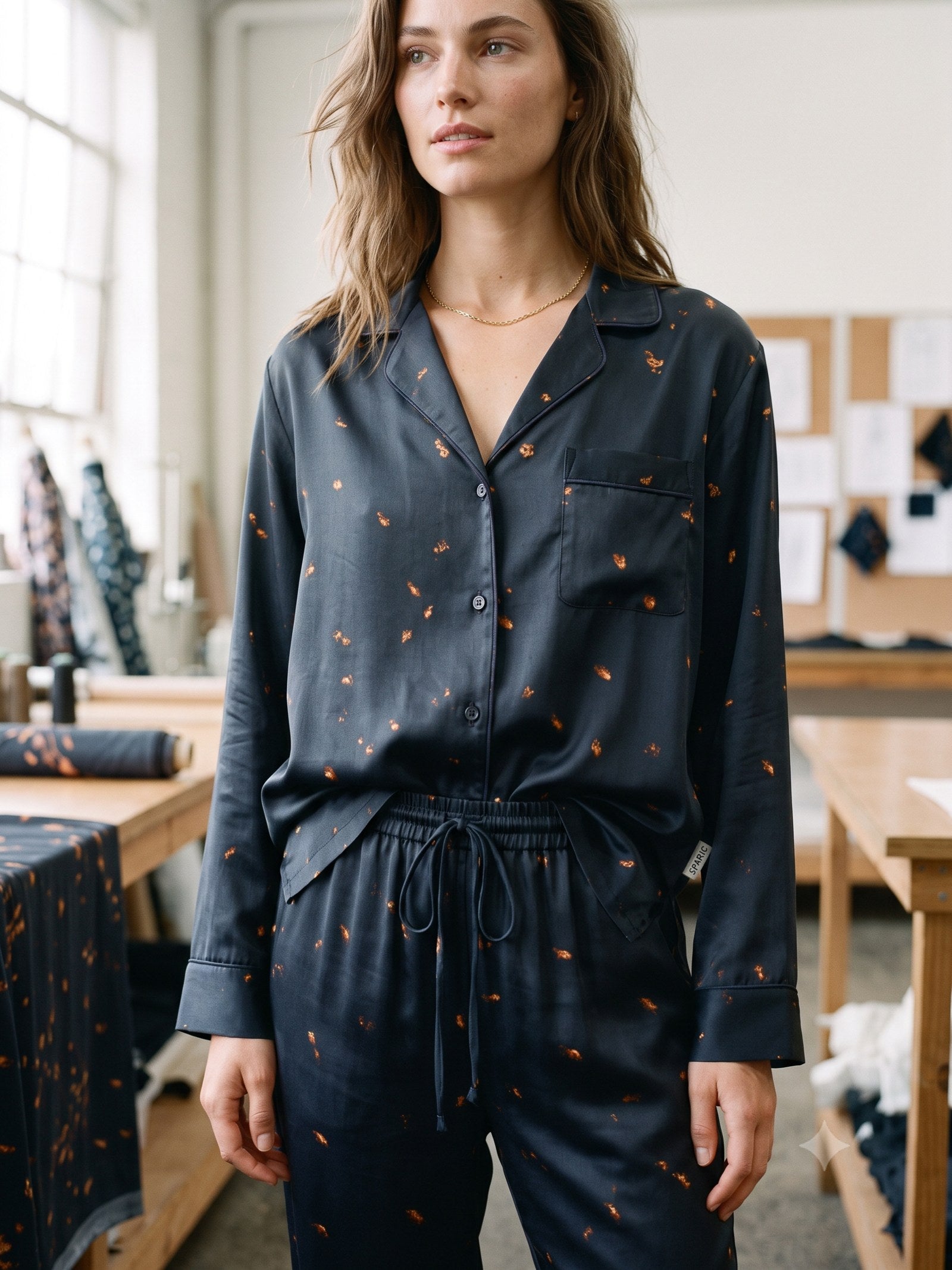 Ignis Print Silk Pyjama Set in Ignis Ink, detail