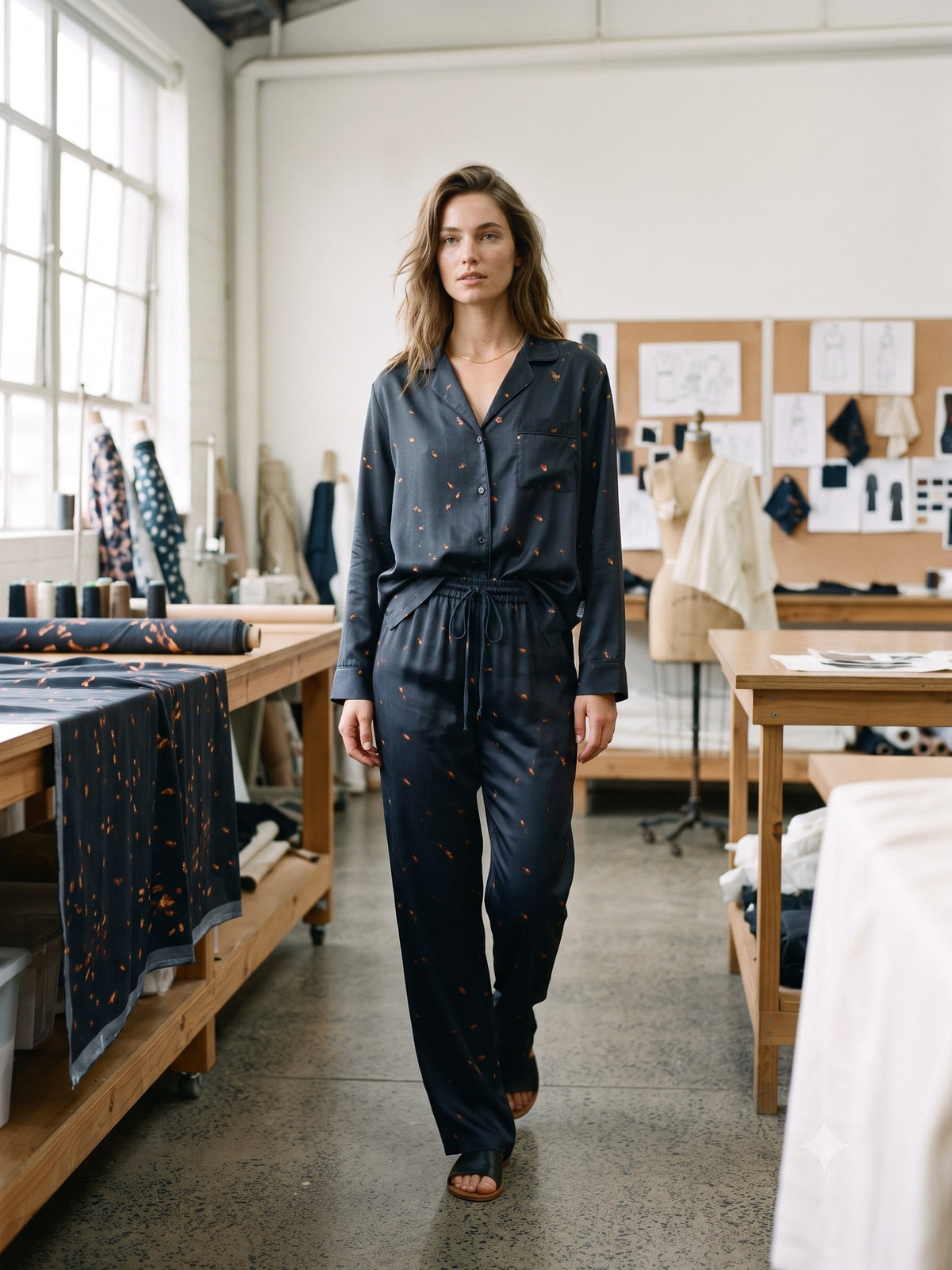 Ignis Print Silk Pyjama Set in Ignis Ink, in motion