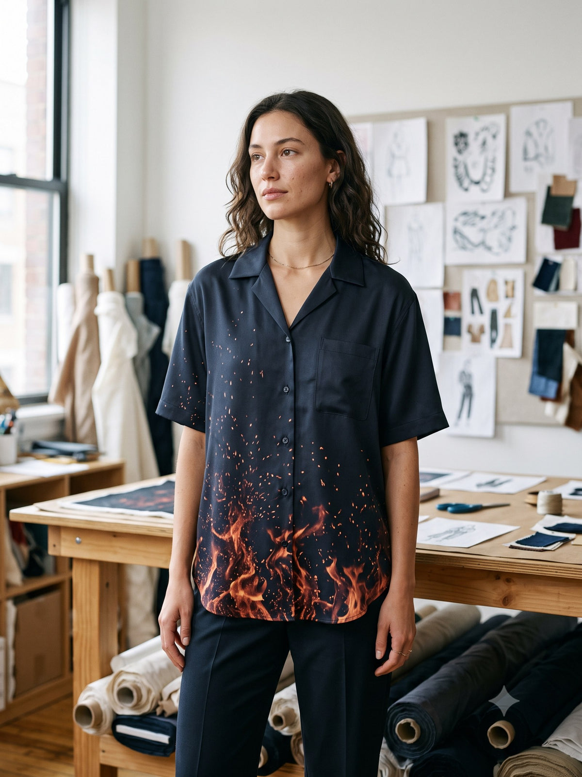 Ignis Print Silk Shirt in Ignis Ink, front