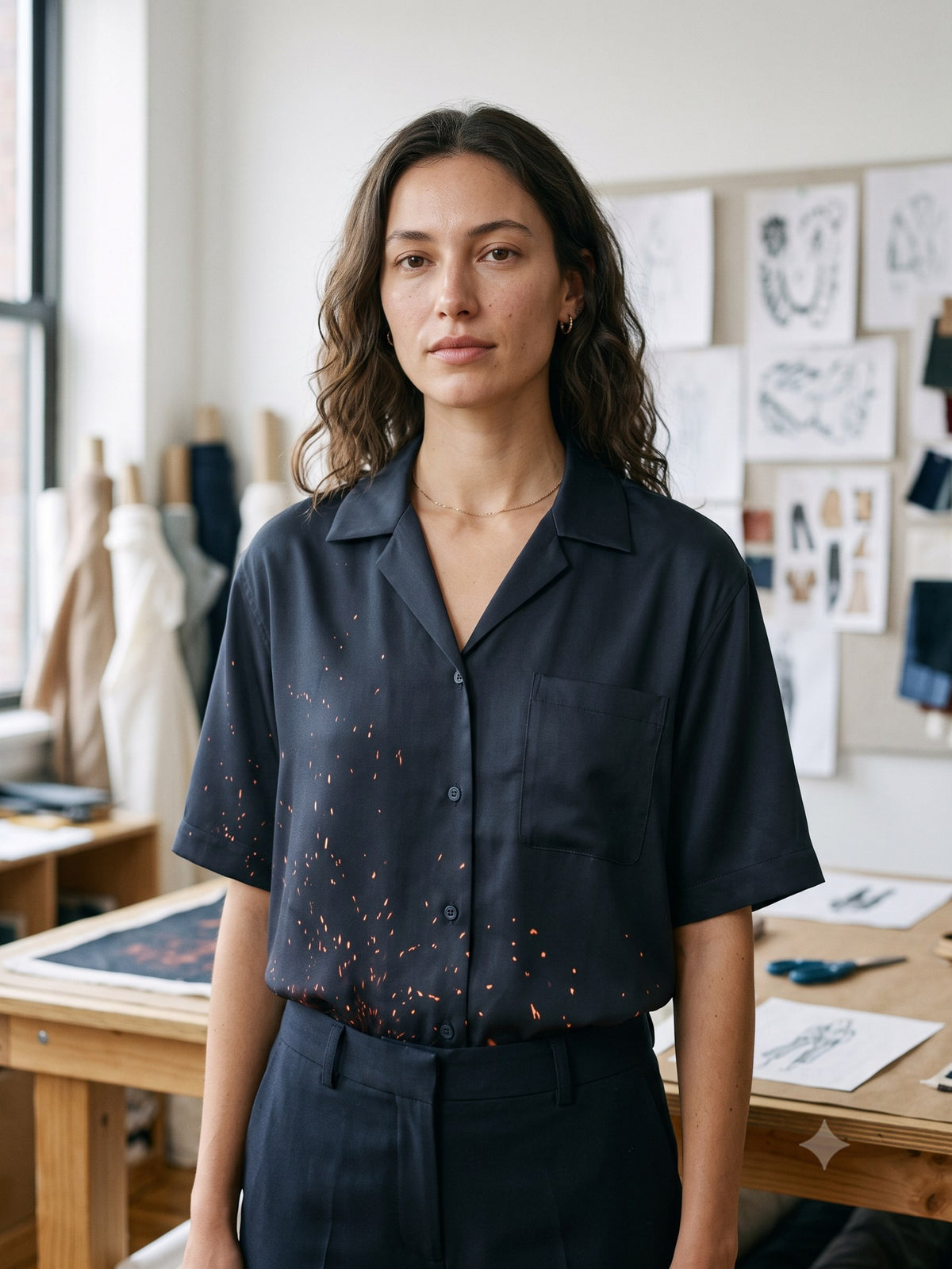 Ignis Print Silk Shirt in Ignis Ink, detail