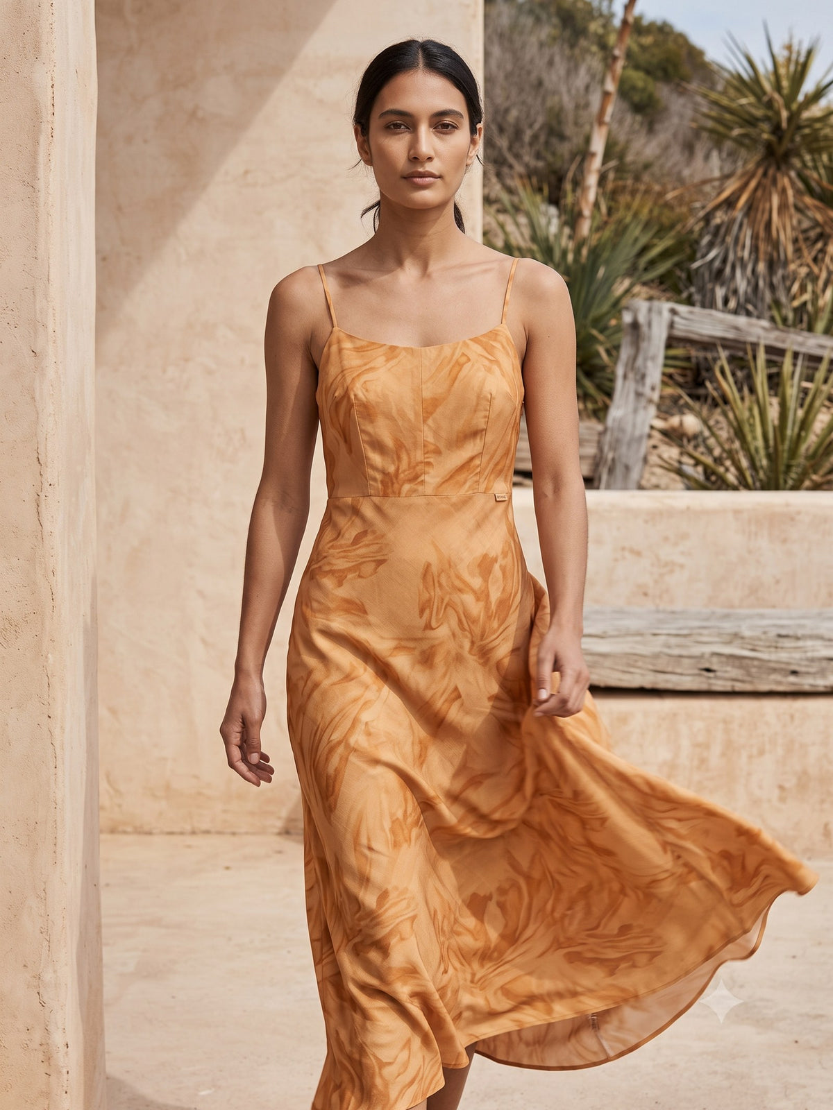 Ignis Print Silk Slip Dress in Ignis Butter, in motion