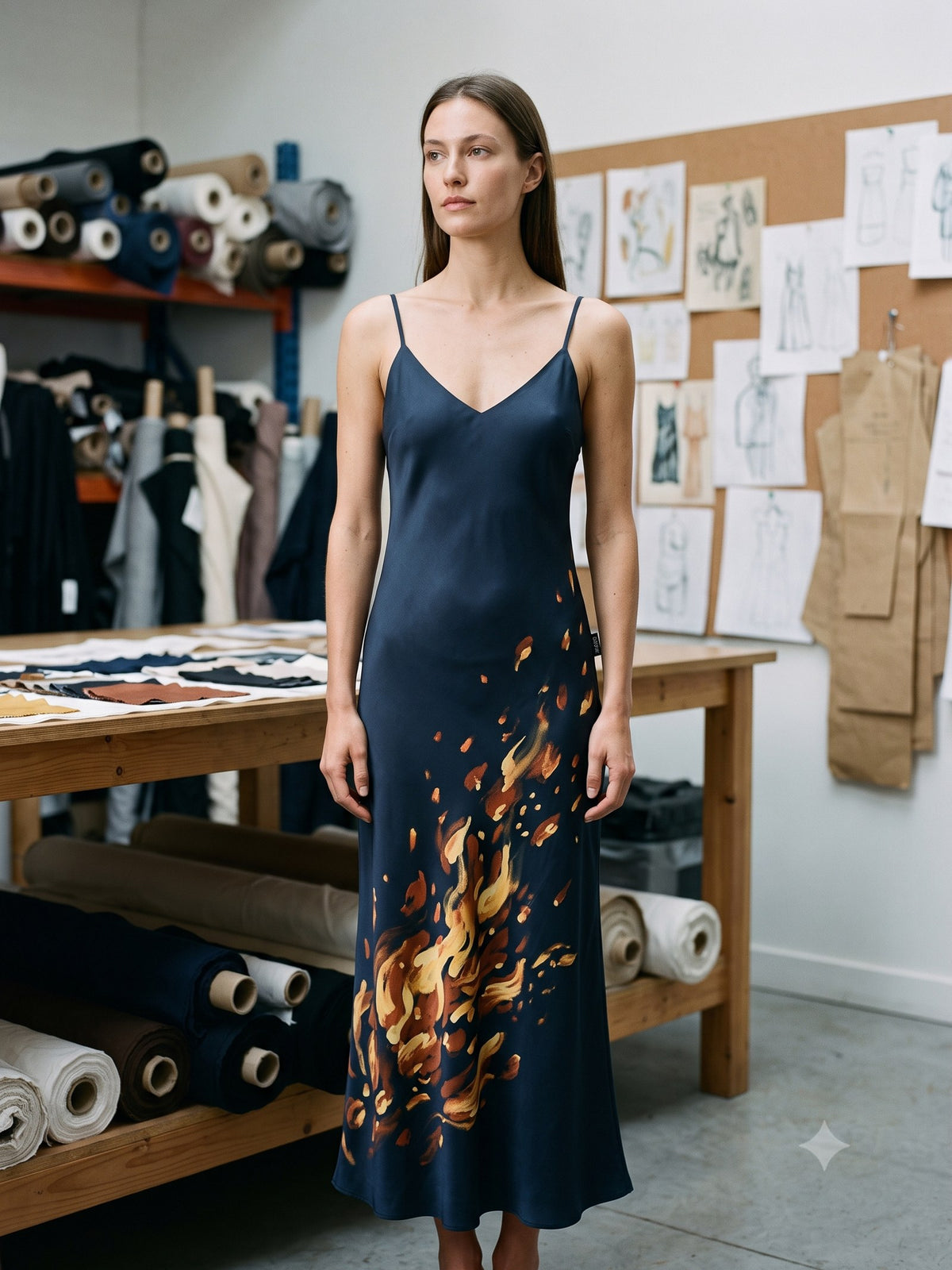 Ignis Print Silk Slip Dress in Ignis Ink, front
