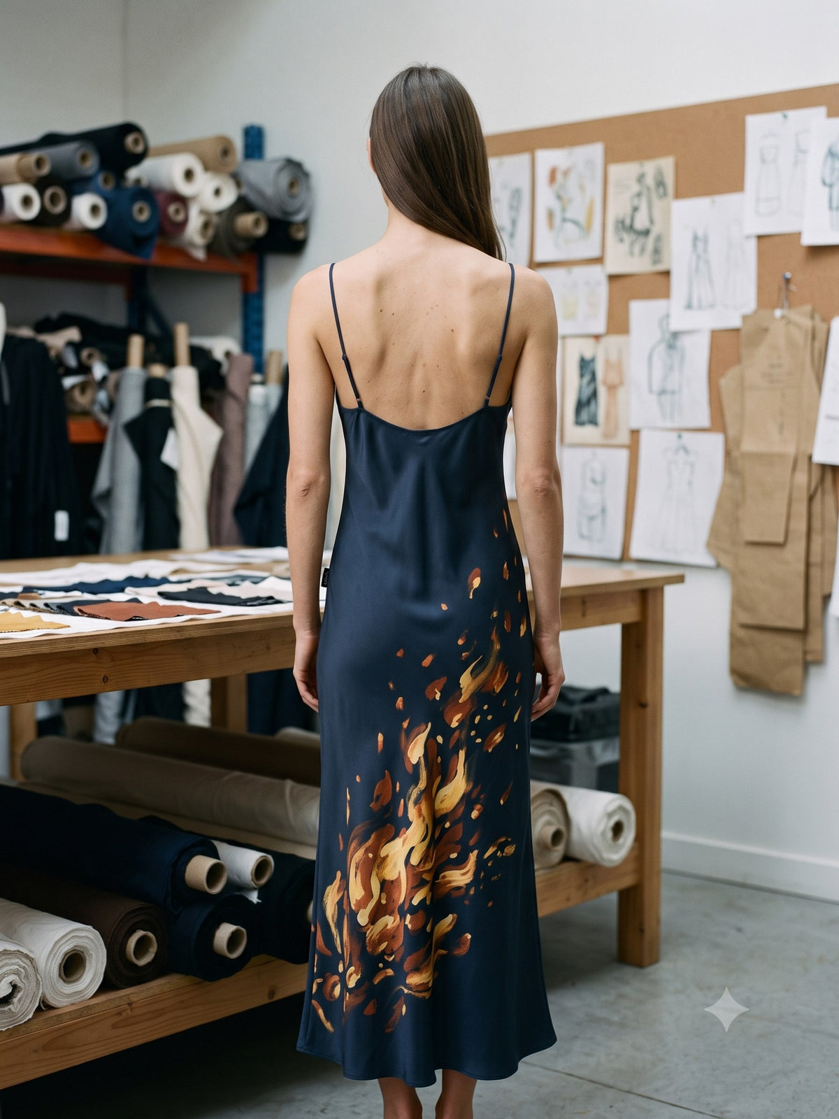 Ignis Print Silk Slip Dress in Ignis Ink, back