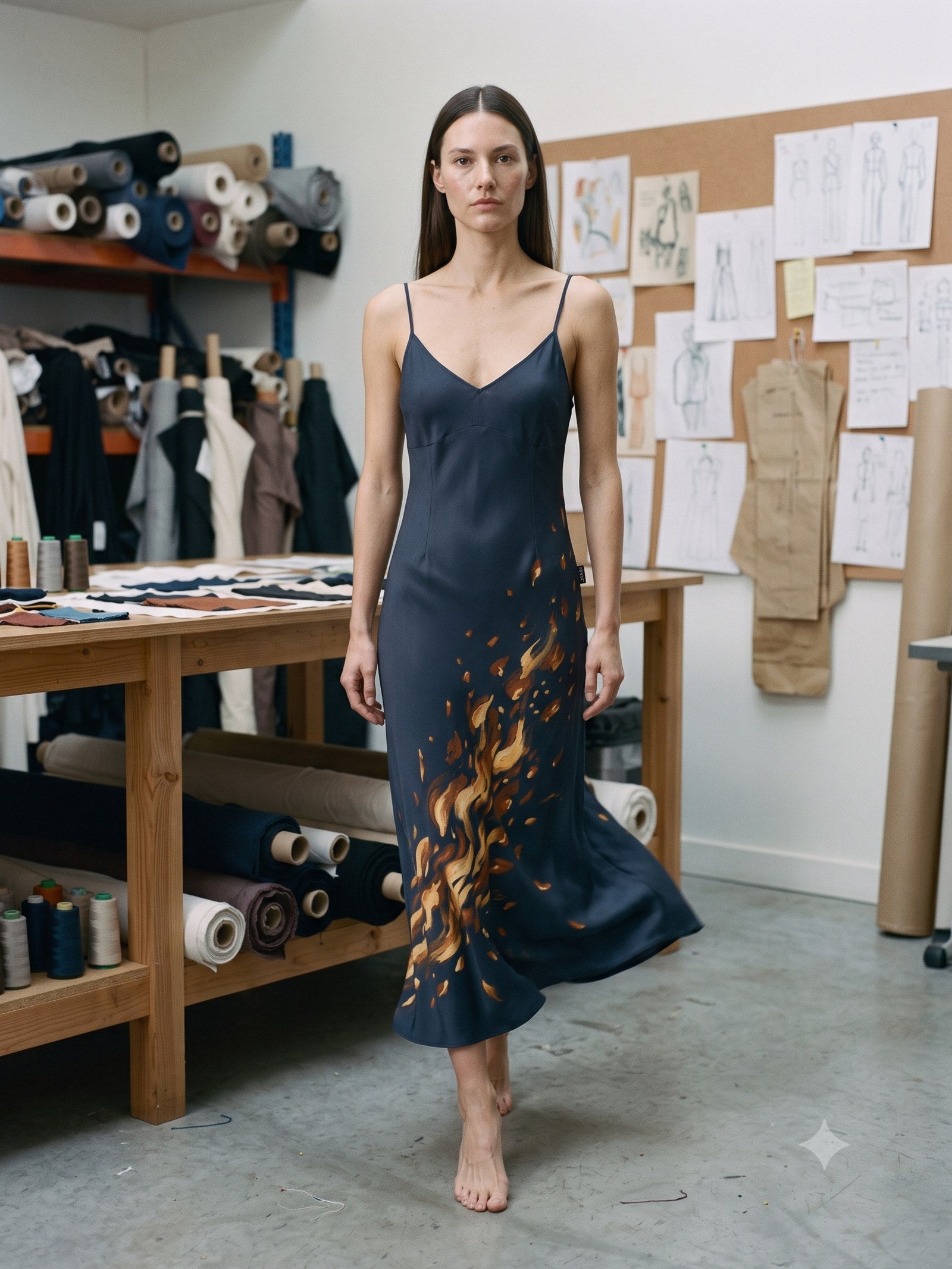 Ignis Print Silk Slip Dress in Ignis Ink, in motion