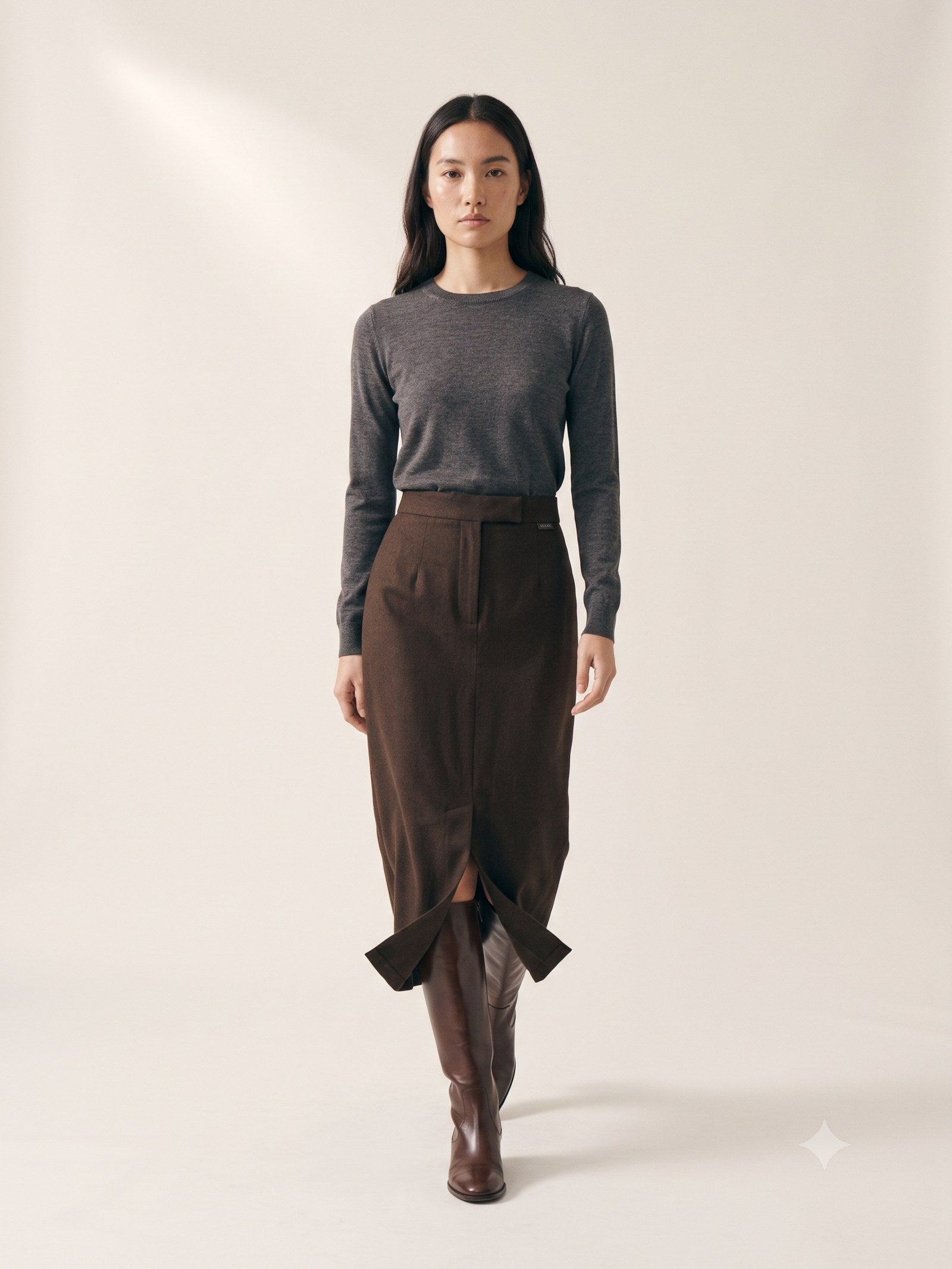 Keystone Wool Flannel Column Skirt in Espresso, in motion
