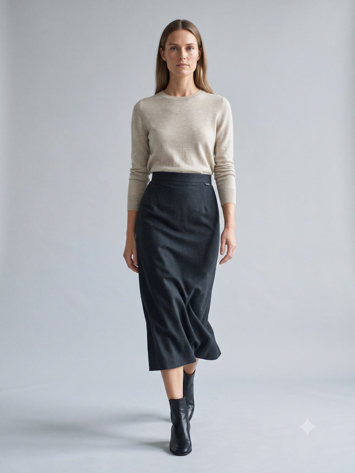 Keystone Wool Flannel Column Skirt in Ink, in motion
